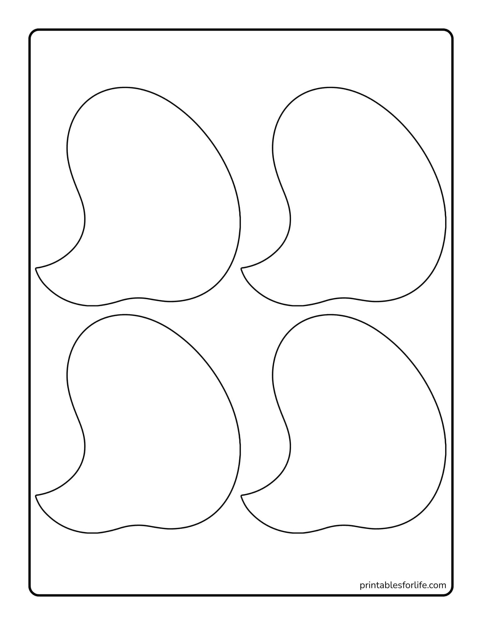 Four large bean-shaped outlines arranged in two rows on a portrait worksheet with rounded border.