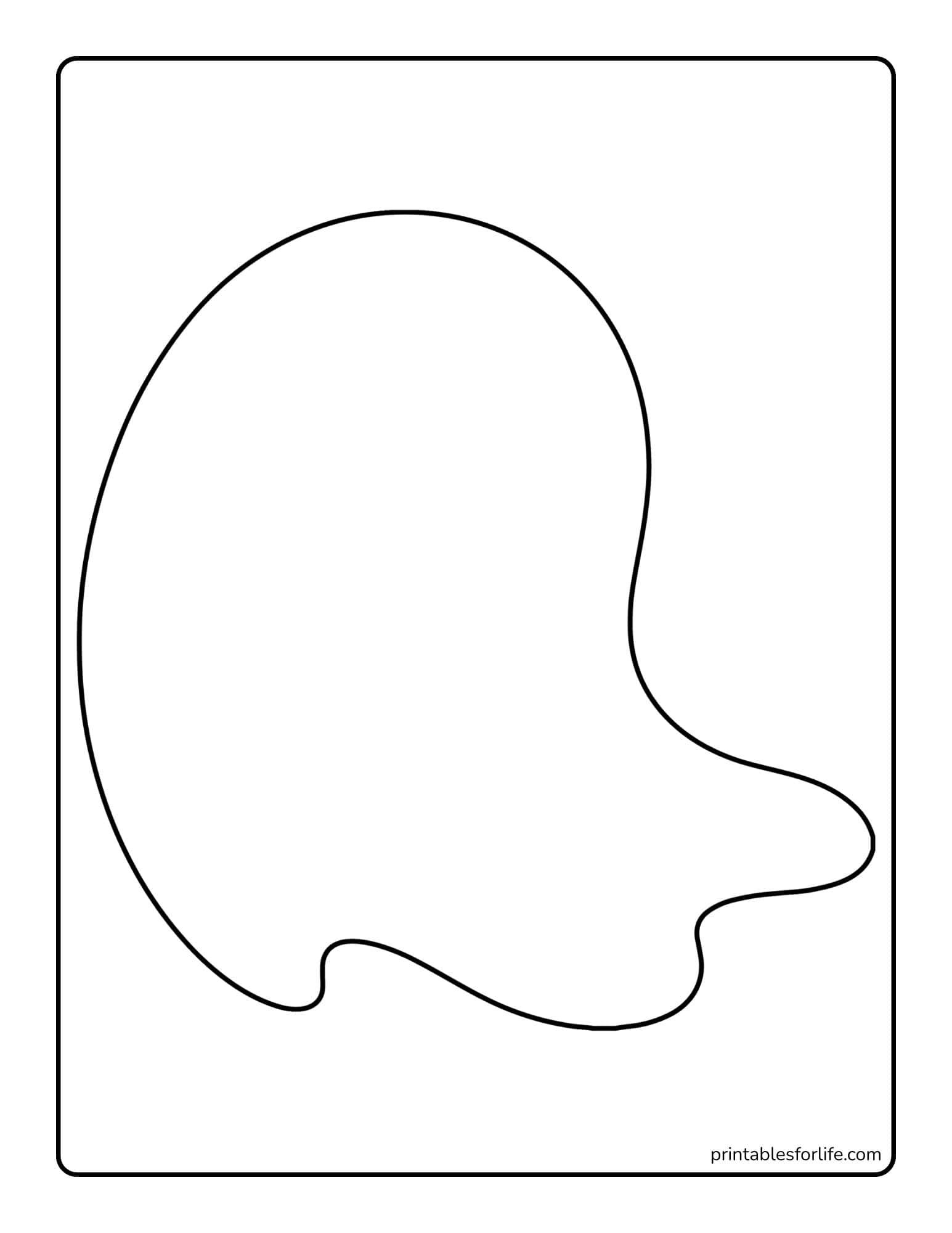 Black bold outlined organic blob shape centered on a white portrait page with rounded rectangle border and small watermark.