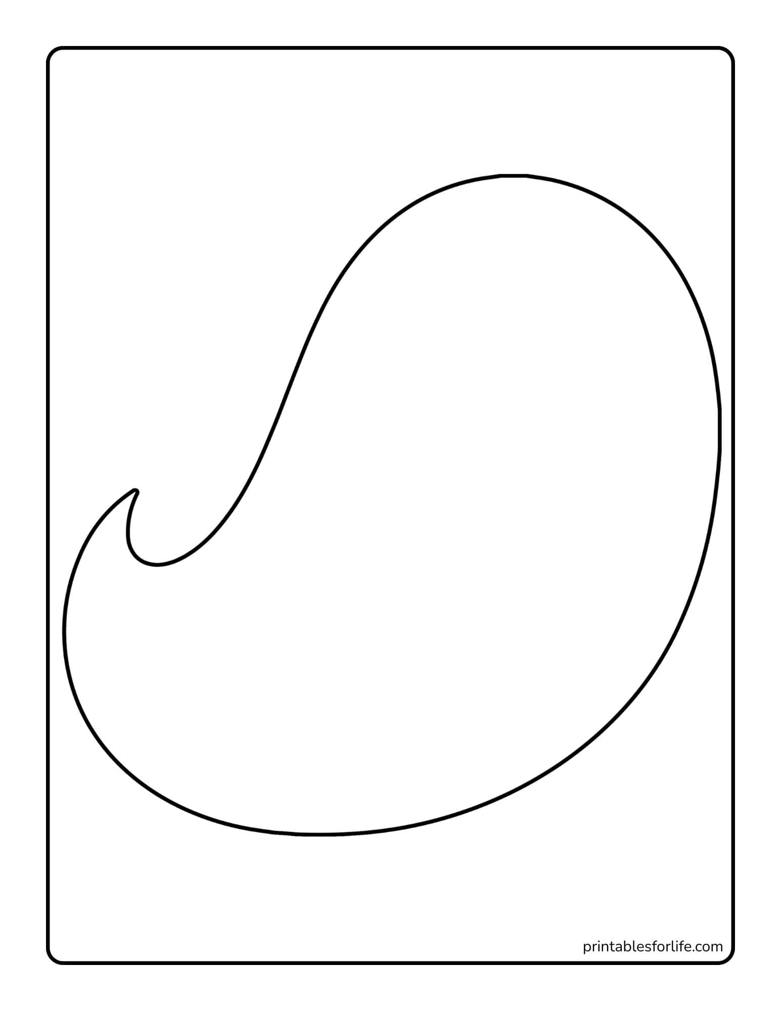 Black outlined, large curvy flame-like shape centered on a white rectangular sheet with rounded border.
