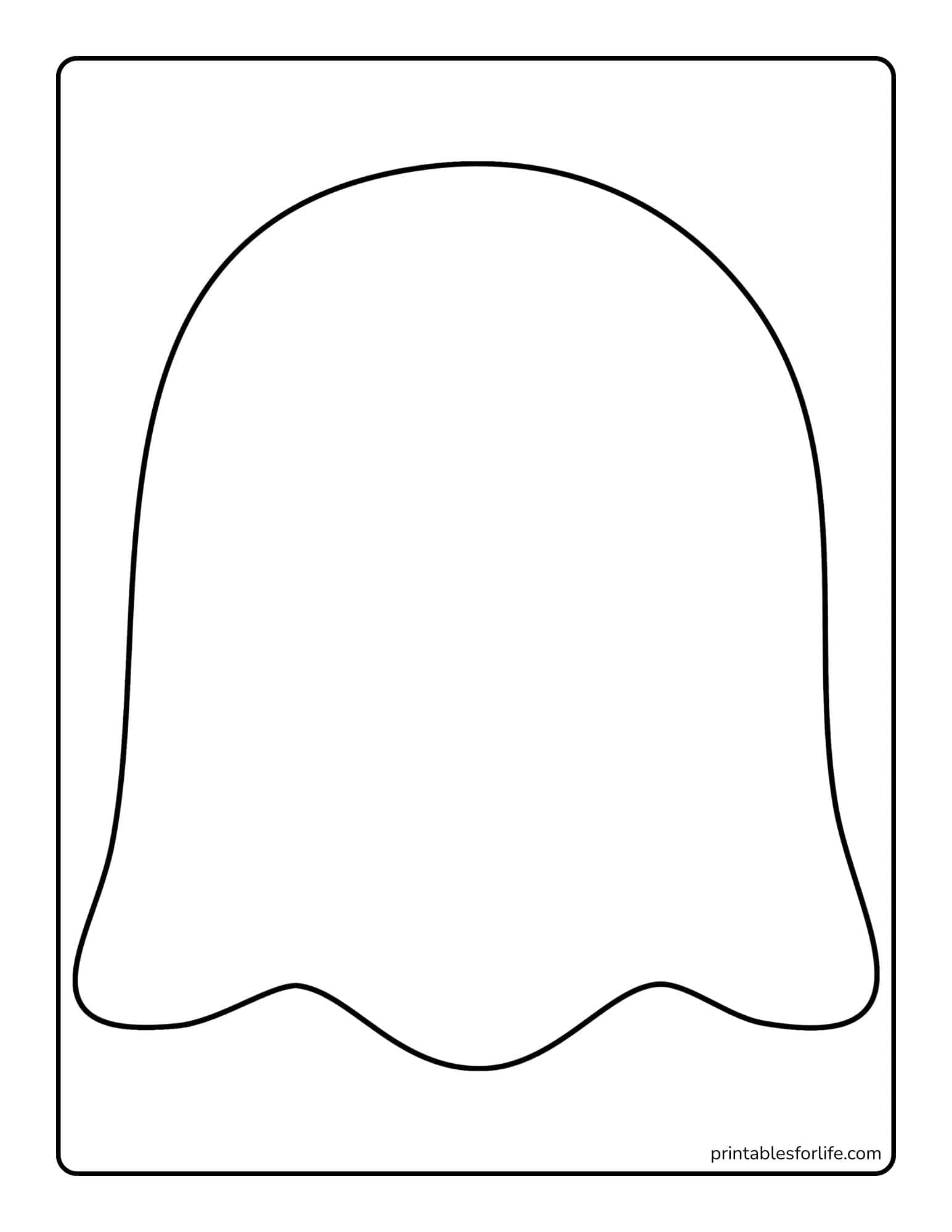 Simple black outline of a rounded ghost shape with wavy base centered inside a rounded-rectangle frame on white background.