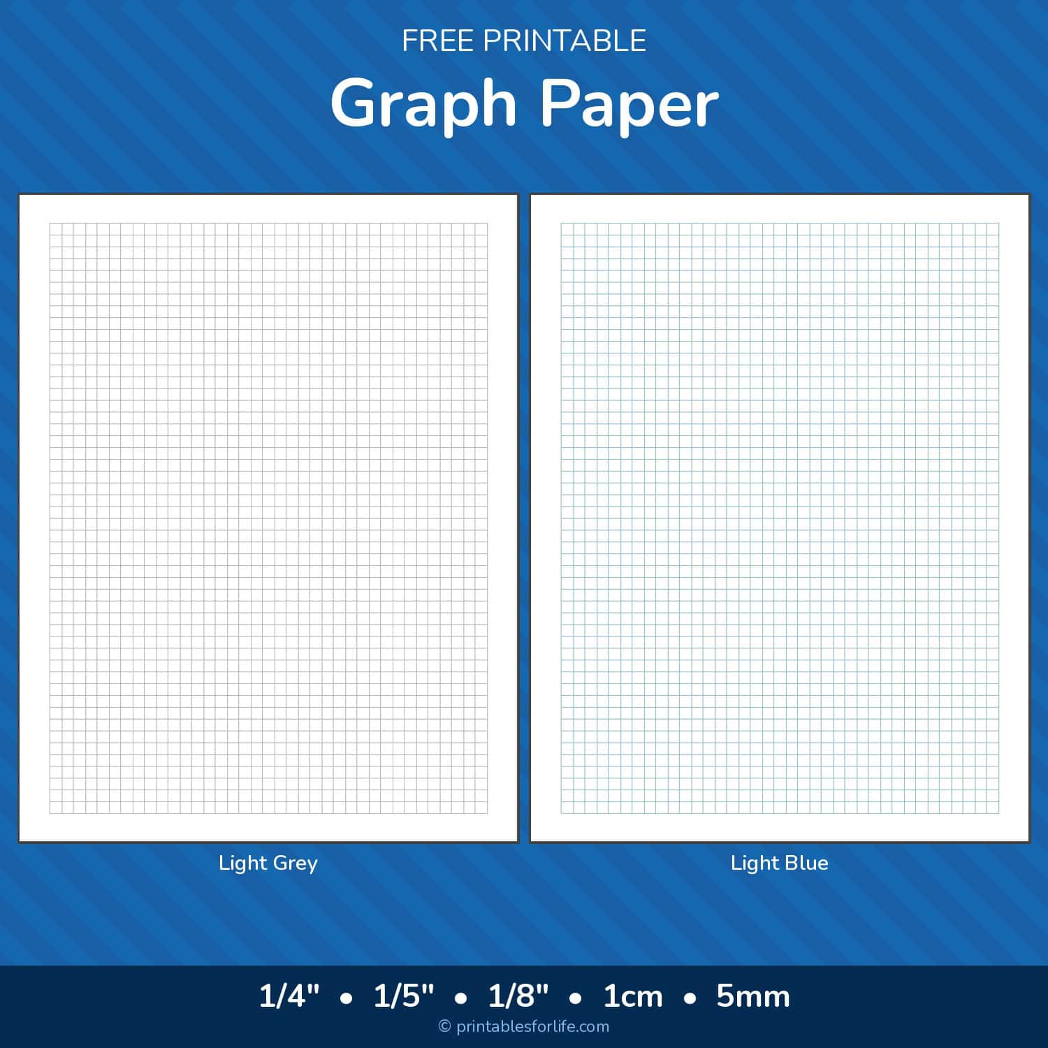 Two side-by-side printable graph paper sheets with light grey grid on left and light blue grid on right under a blue header reading 'Graph Paper'.