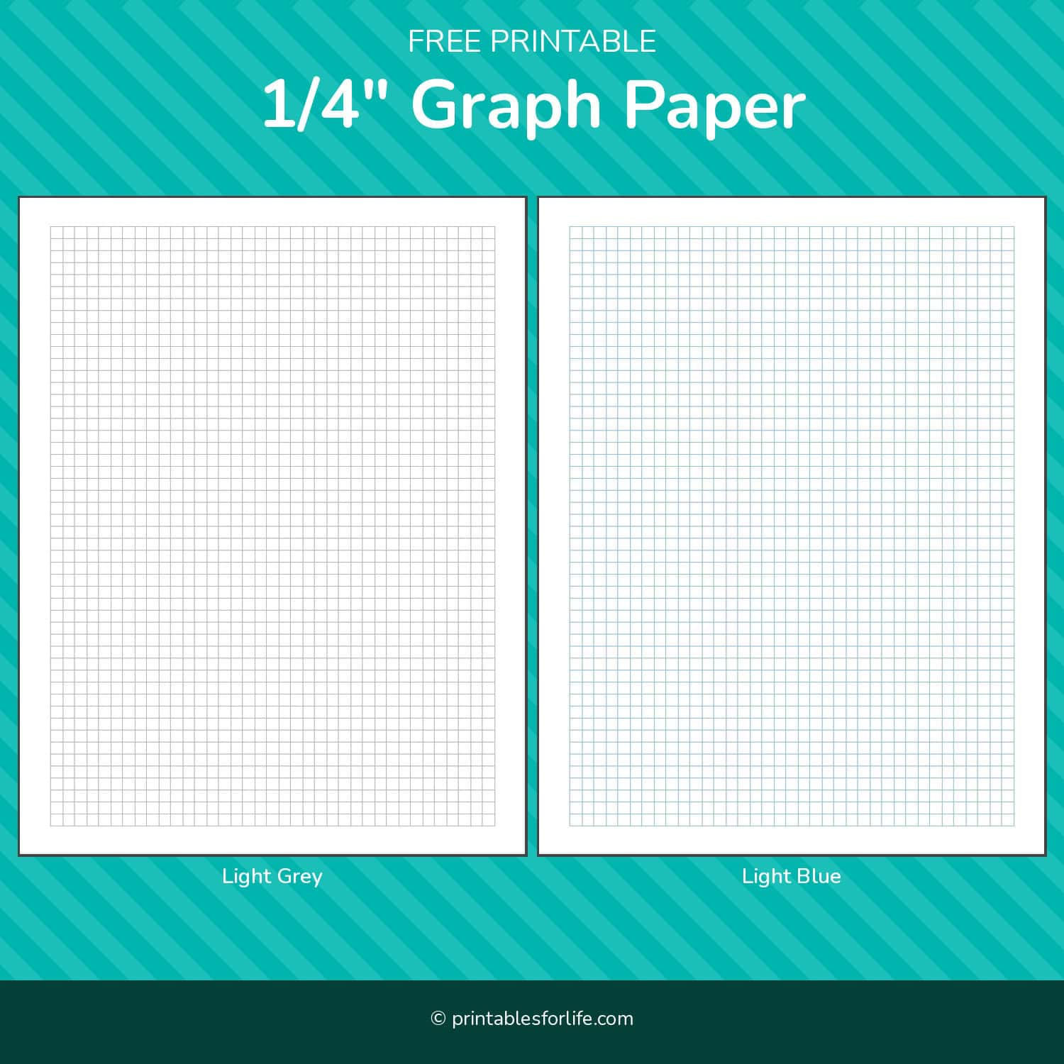 Two portrait-oriented quarter-inch graph paper sheets with light grey and light blue grids framed on a teal diagonal striped background.