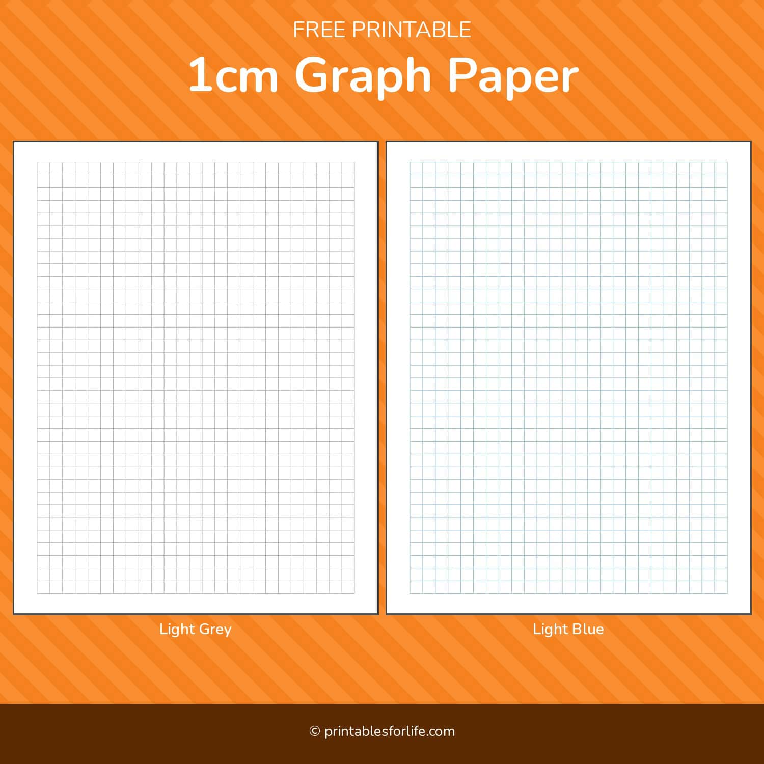 Two side-by-side graph paper sheets with 1cm light grey grid on left and light blue grid on right under an orange header reading '1cm Graph Paper'.