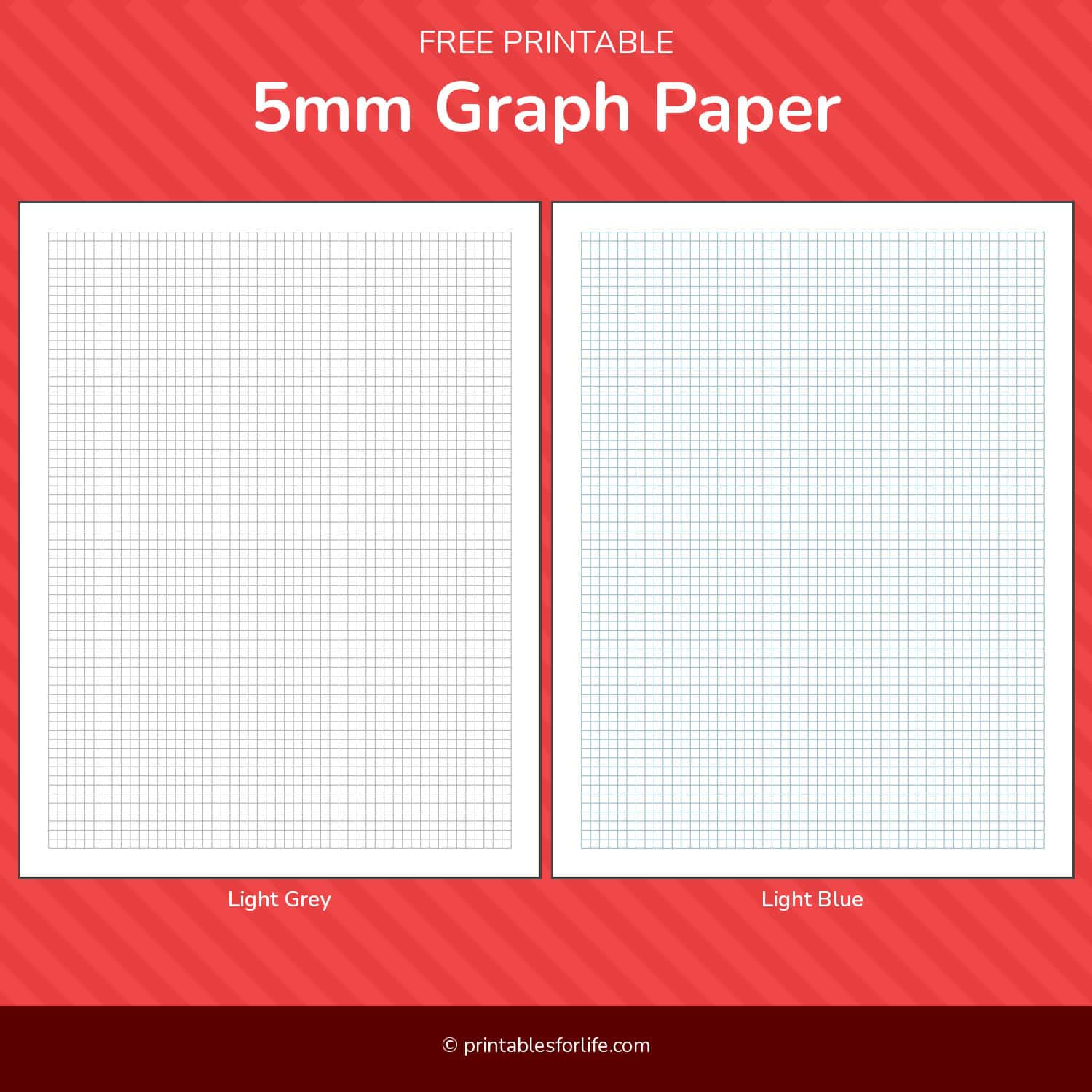 Two pages of 5mm graph paper side by side with light grey grid at left and light blue grid at right on a red striped background.