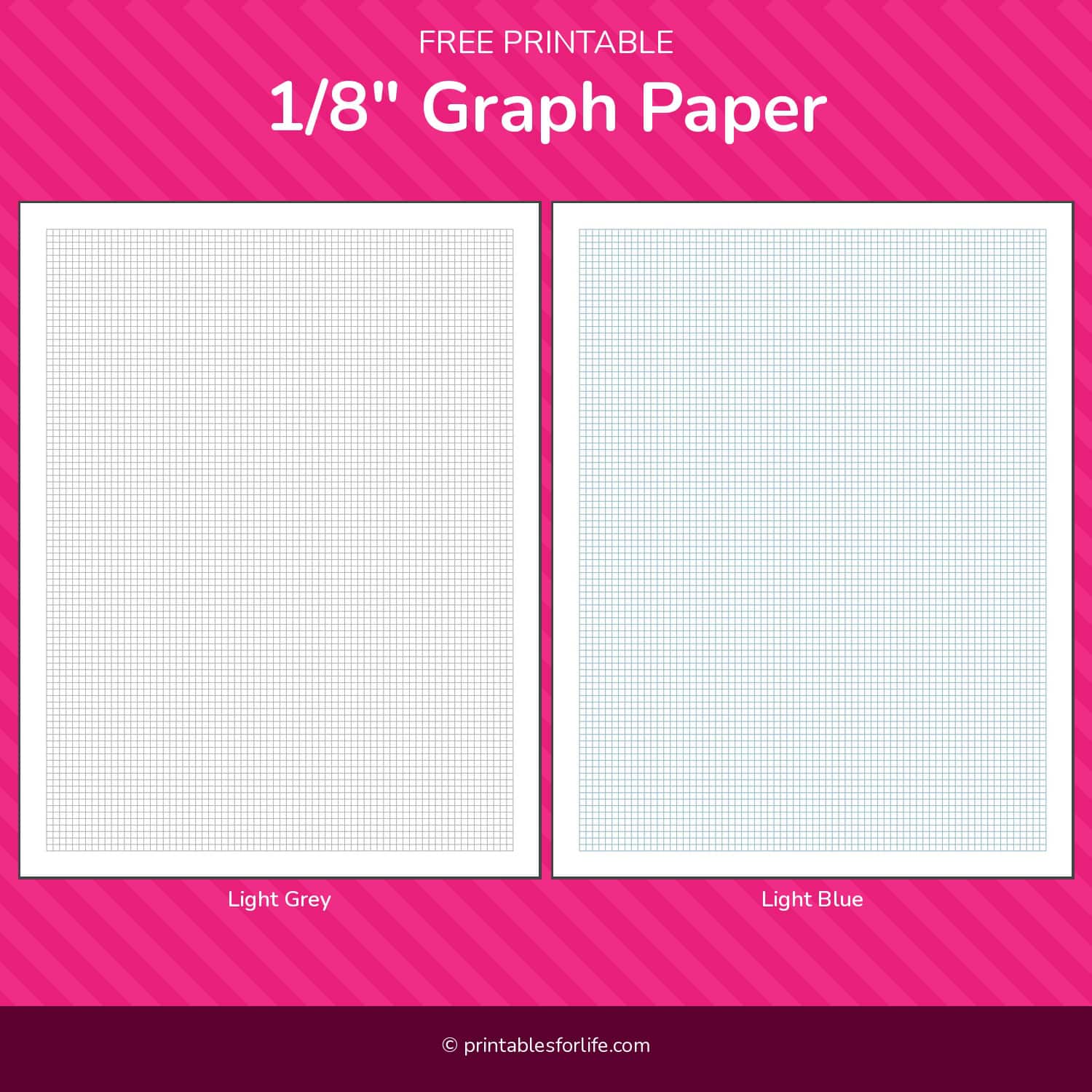 Two side-by-side 1/8" graph paper sheets with light grey grid on left and light blue grid on right against a pink background.