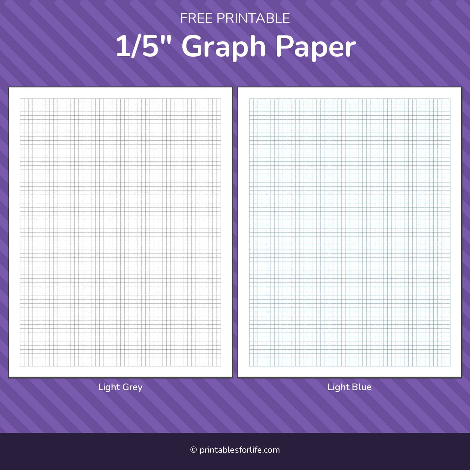 Two vertical 1/5-inch graph paper sheets side-by-side with light grey grid on left and light blue grid on right, purple header.