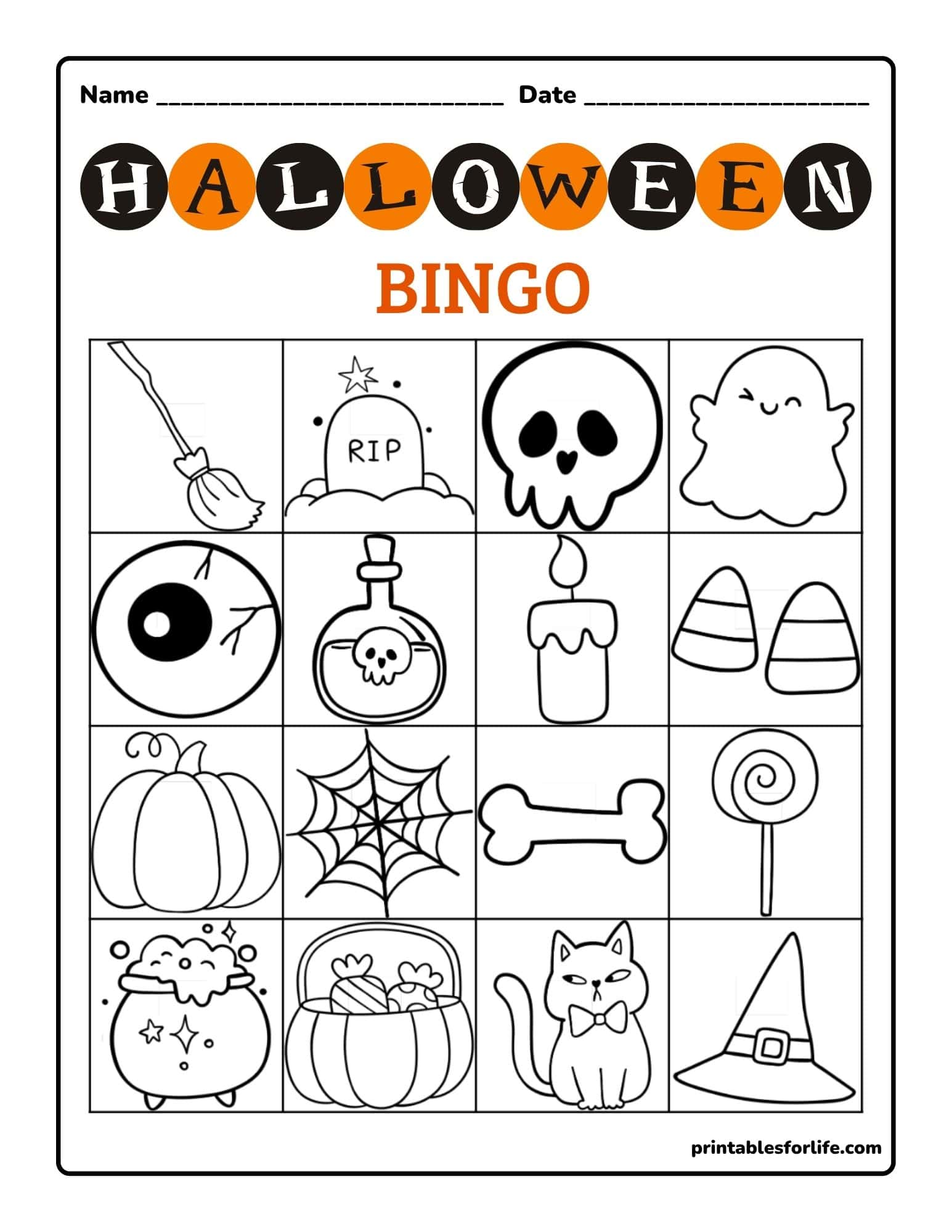 Black-and-white Halloween bingo sheet with a 4x4 grid of themed line-art icons and title at top.