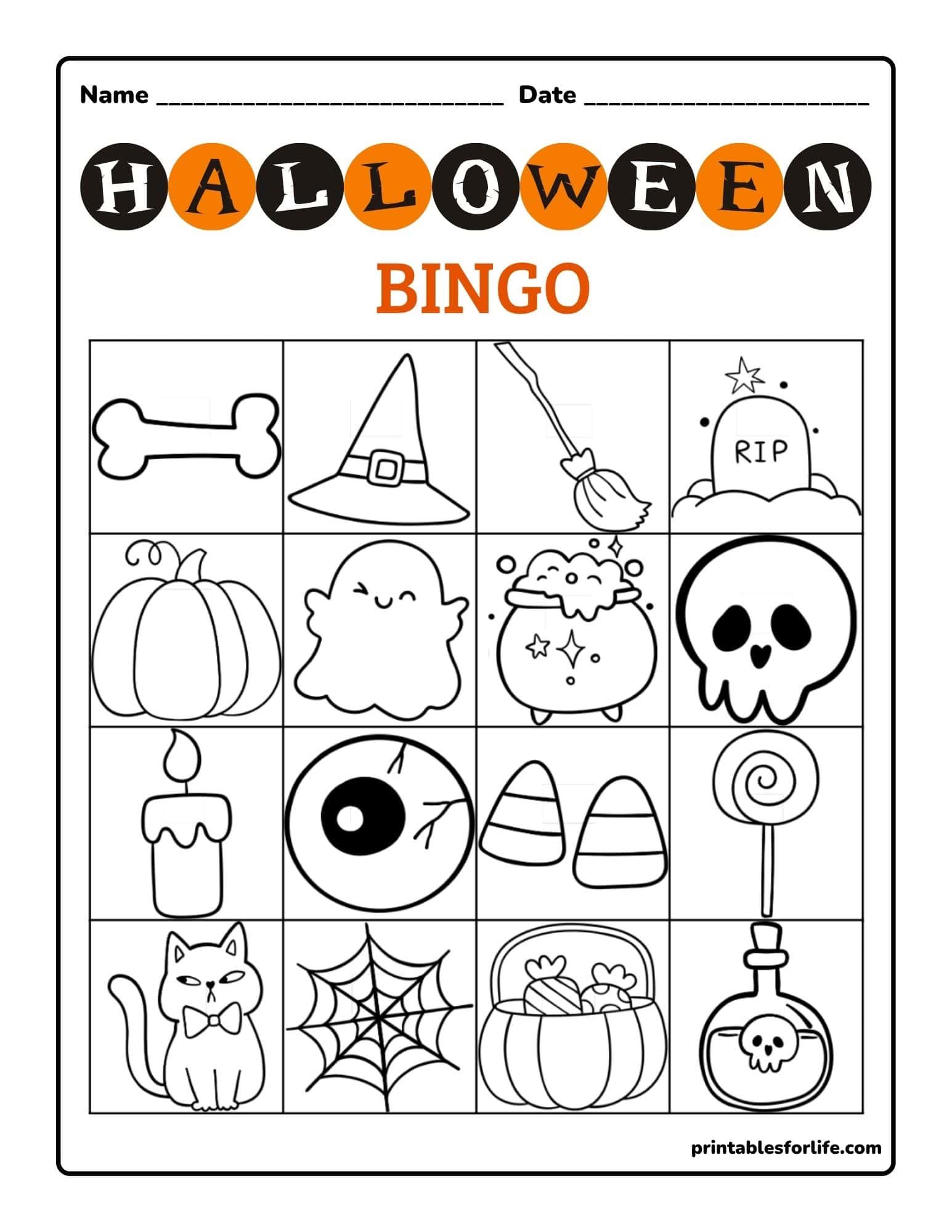 Black-and-white Halloween bingo grid with 16 illustrated icons including pumpkin, ghost, cauldron, skull, candy and witch hat.