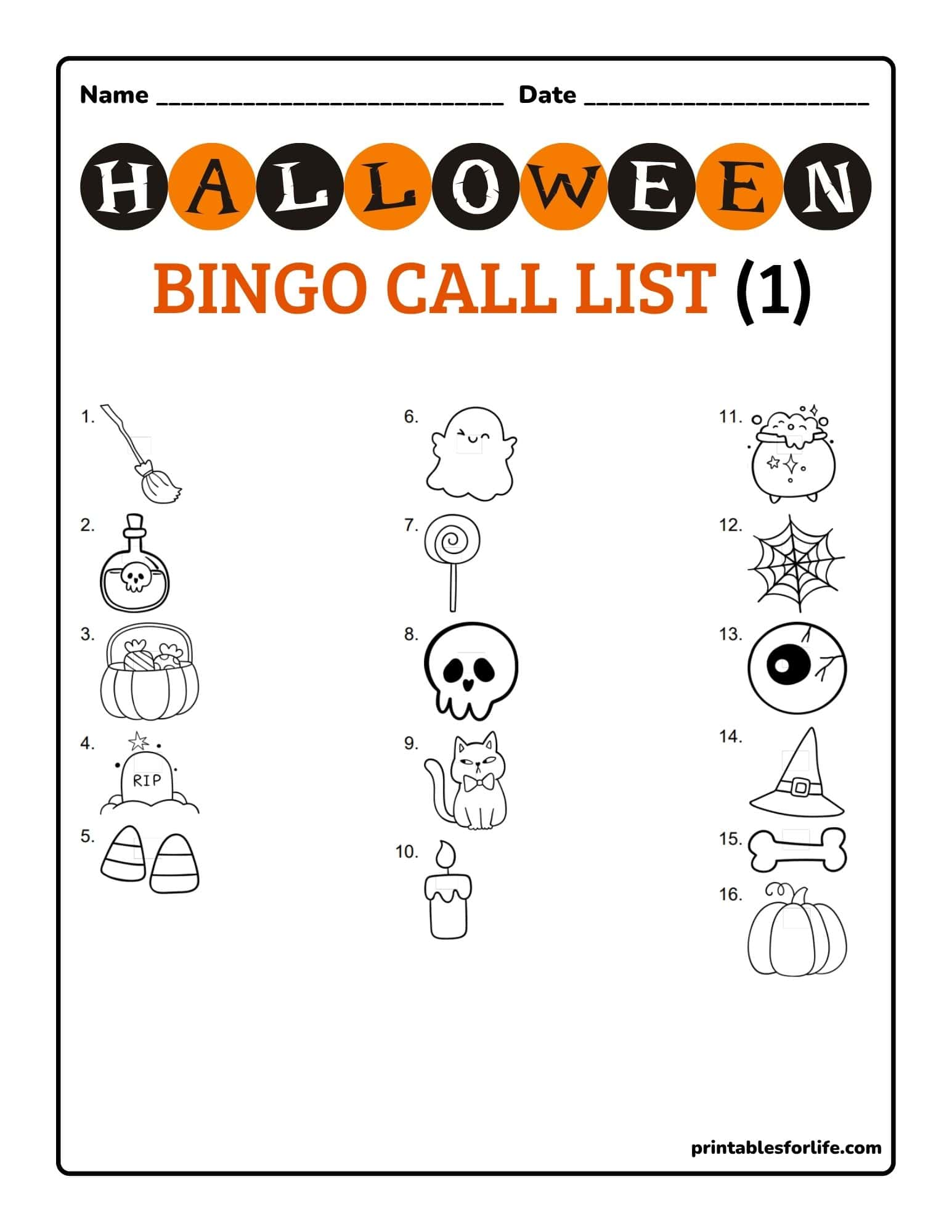 Vertical Halloween bingo call list worksheet with 16 numbered black-and-white icons and orange title area for name and date.