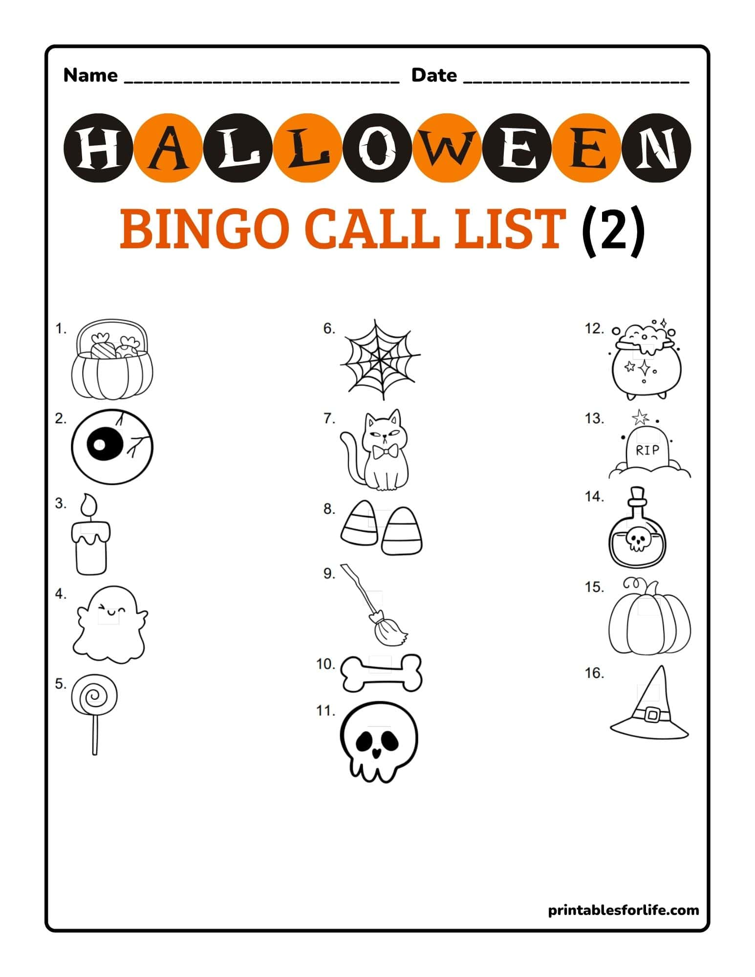 Black-and-orange Halloween bingo call list worksheet with numbered small black-and-white icon illustrations (candy, eyeball, ghost, skull, pumpkin, witch hat).