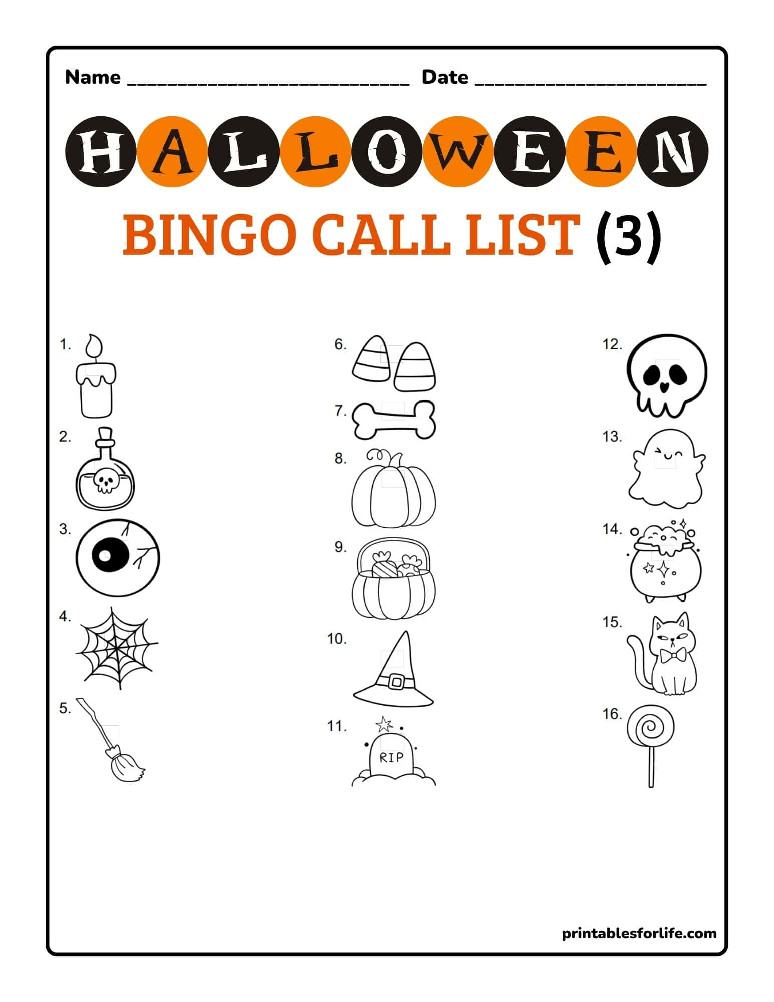 Black-and-orange Halloween bingo call list with numbered black-and-white icons in three vertical columns and header for name and date.
