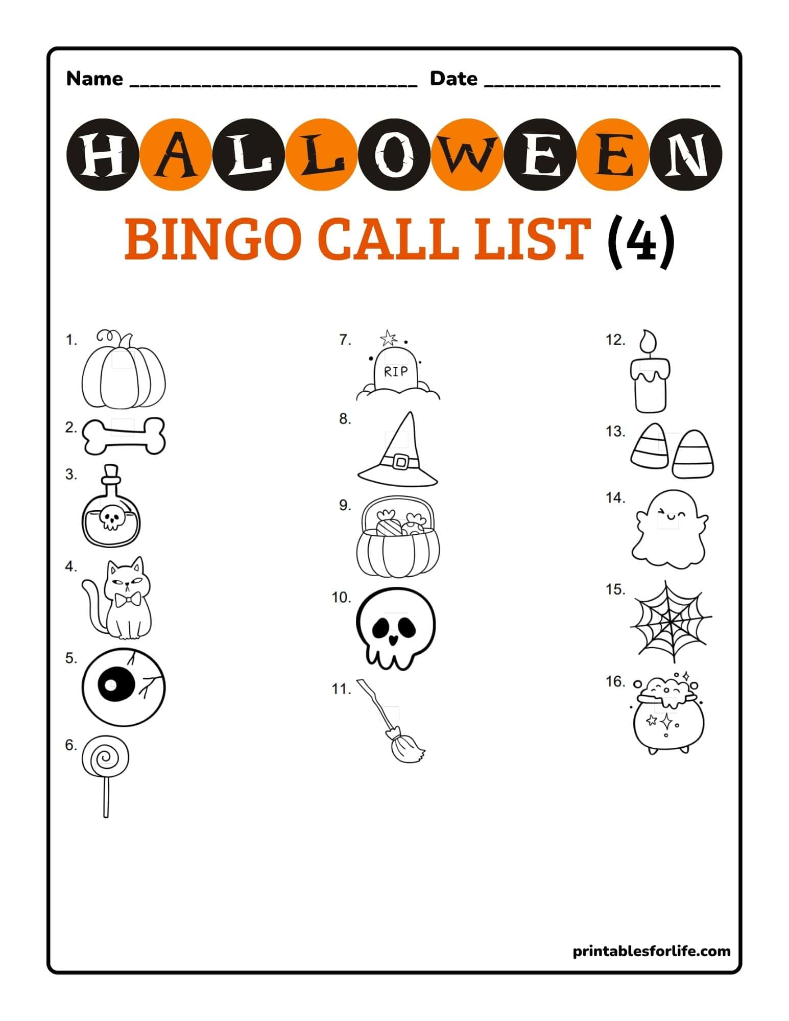 Black-and-orange Halloween bingo call list with numbered black-and-white icon illustrations arranged in three columns.