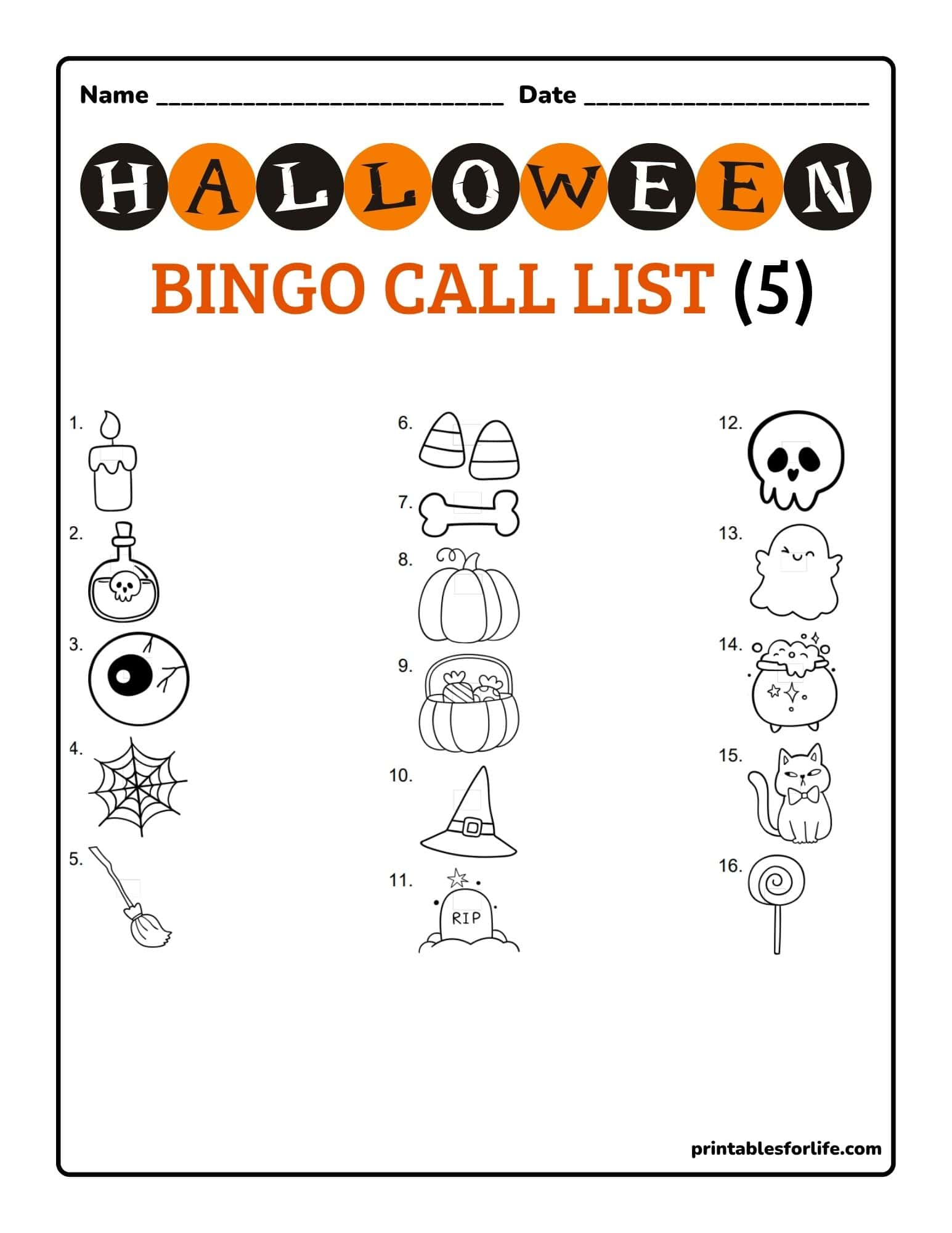 Black-and-orange Halloween bingo call list worksheet with numbered themed icons arranged in three columns and header fields.