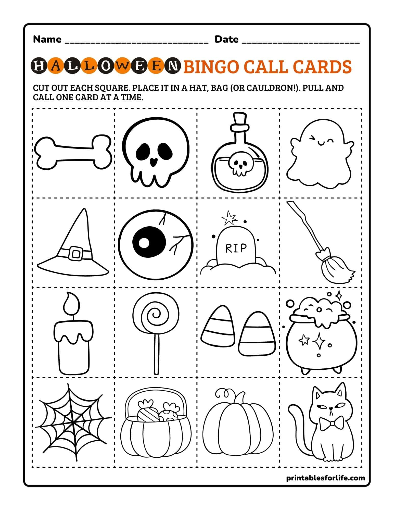 Black-and-white Halloween bingo card with 4x4 grid of cut-out icons including skull, ghost, broom, candy, cauldron, pumpkin, and cat.