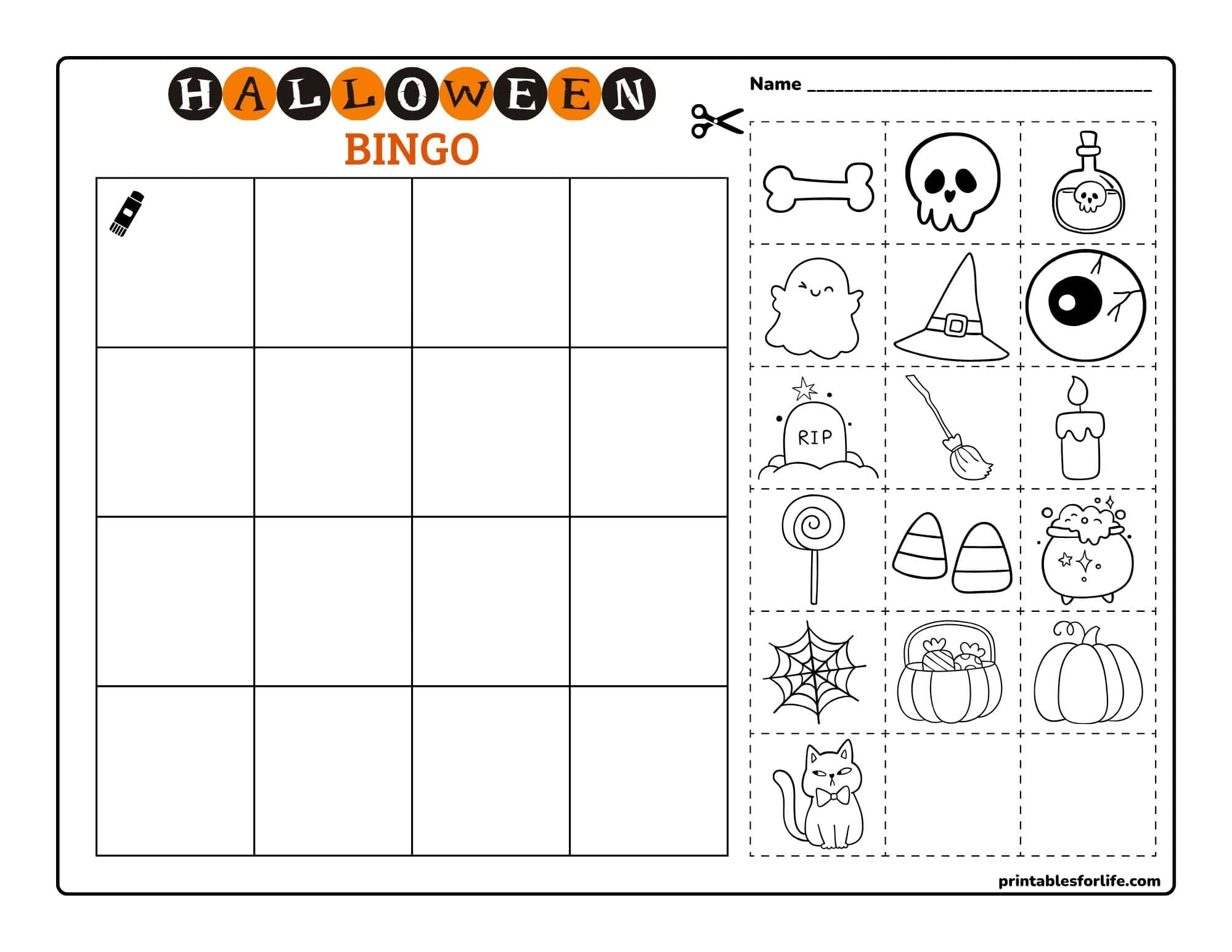 Black-and-white Halloween bingo sheet with a 5x5 blank grid on left and cut-out themed icons in a dashed column on the right.