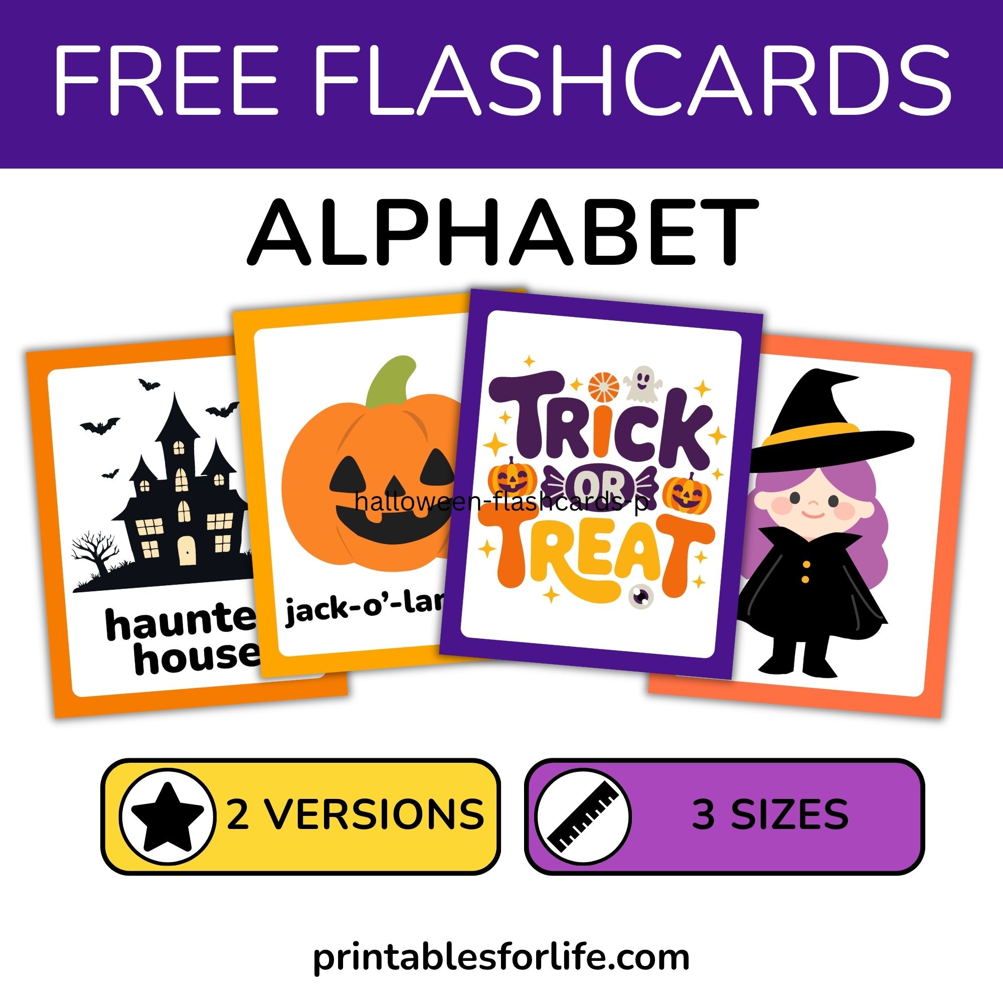Bright Halloween alphabet flashcards with large title, colorful themed cards (pumpkin, witch, haunted house) arranged in a fan.