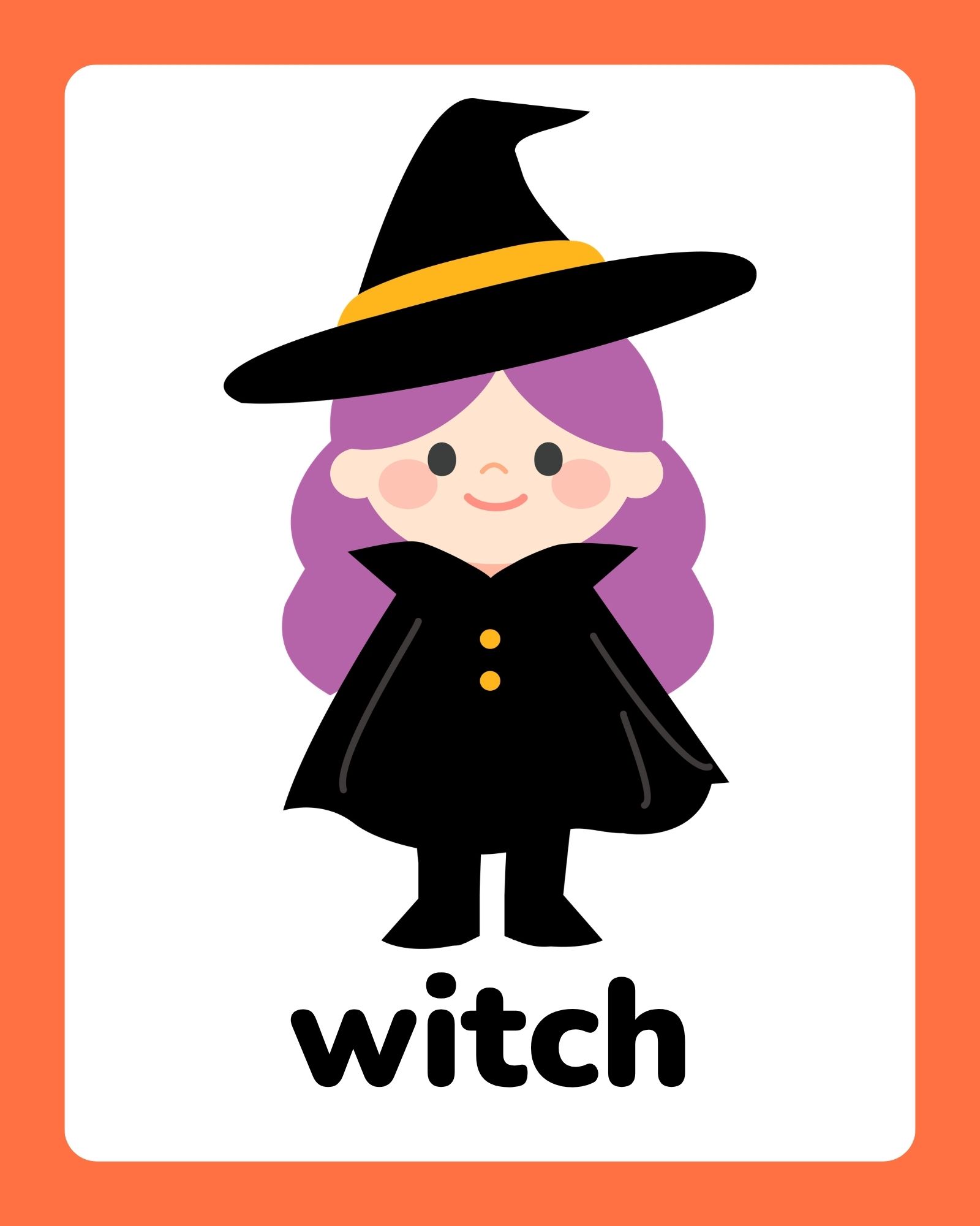 Cute cartoon witch with purple hair wearing a black hat and cloak centered on a white card with orange border.