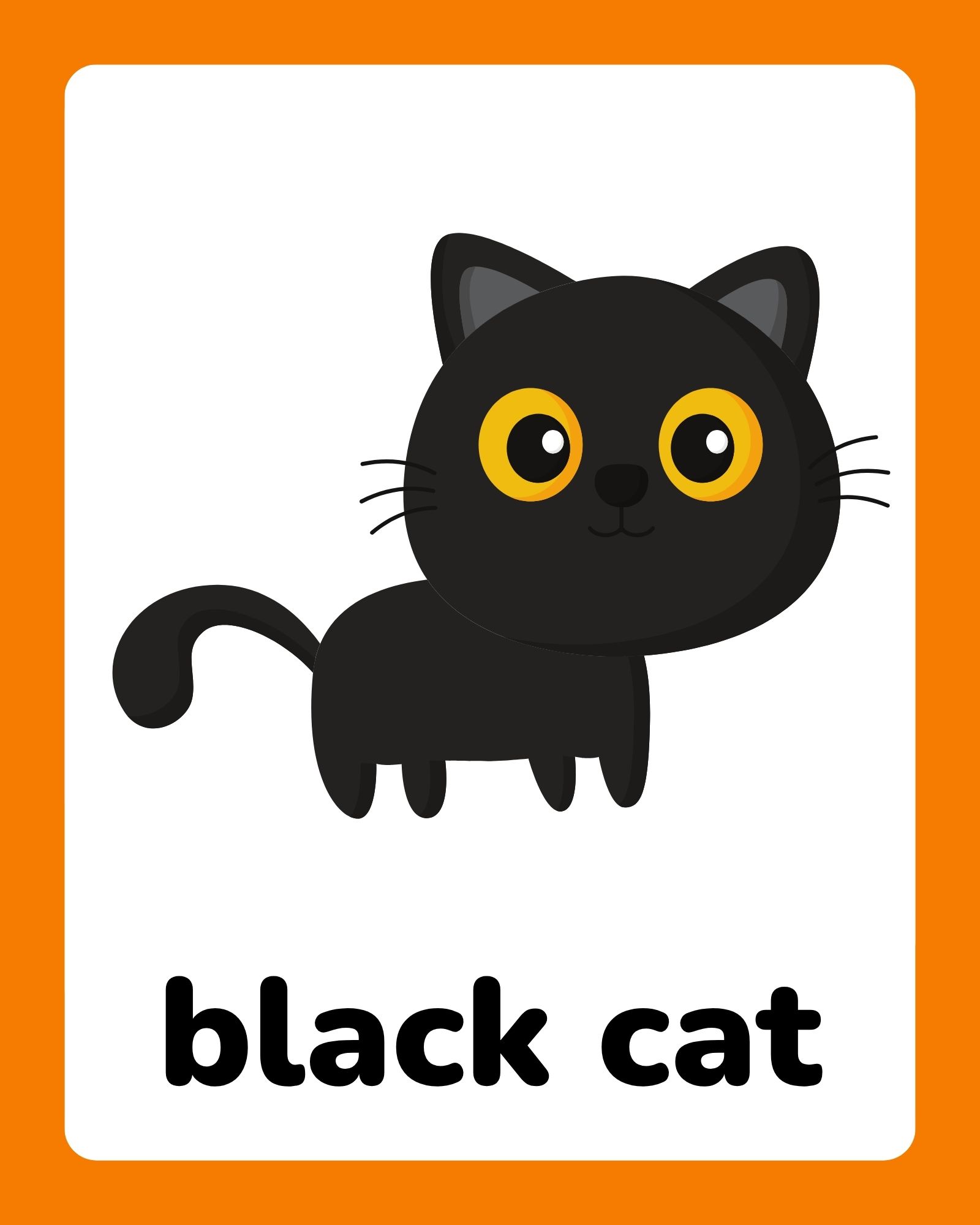 Cute black cartoon cat with large yellow eyes centered on a white card framed by a thick orange border.