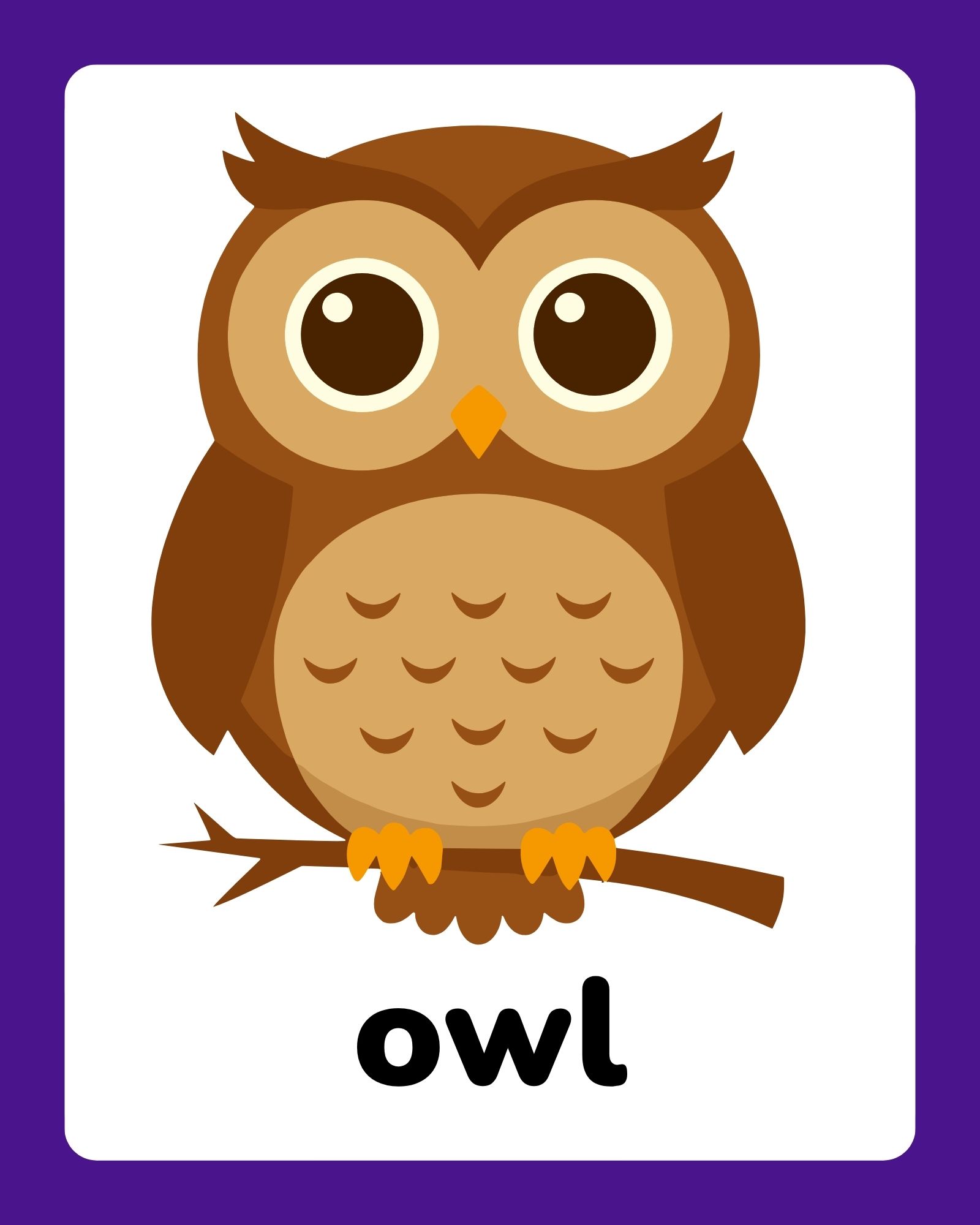 Cartoon brown owl with large eyes perched on a branch above the word “owl” on a white card with purple border.