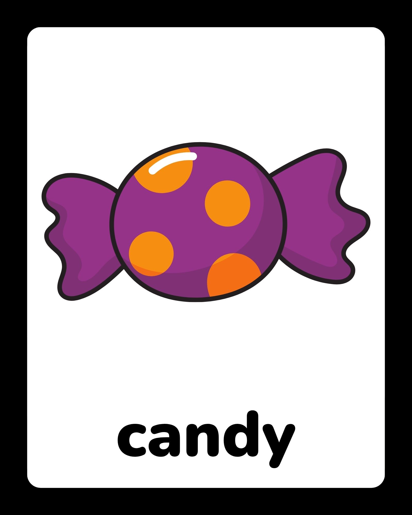 Bright purple wrapped candy with orange spots centered on a white card above the word “candy” in bold black text.