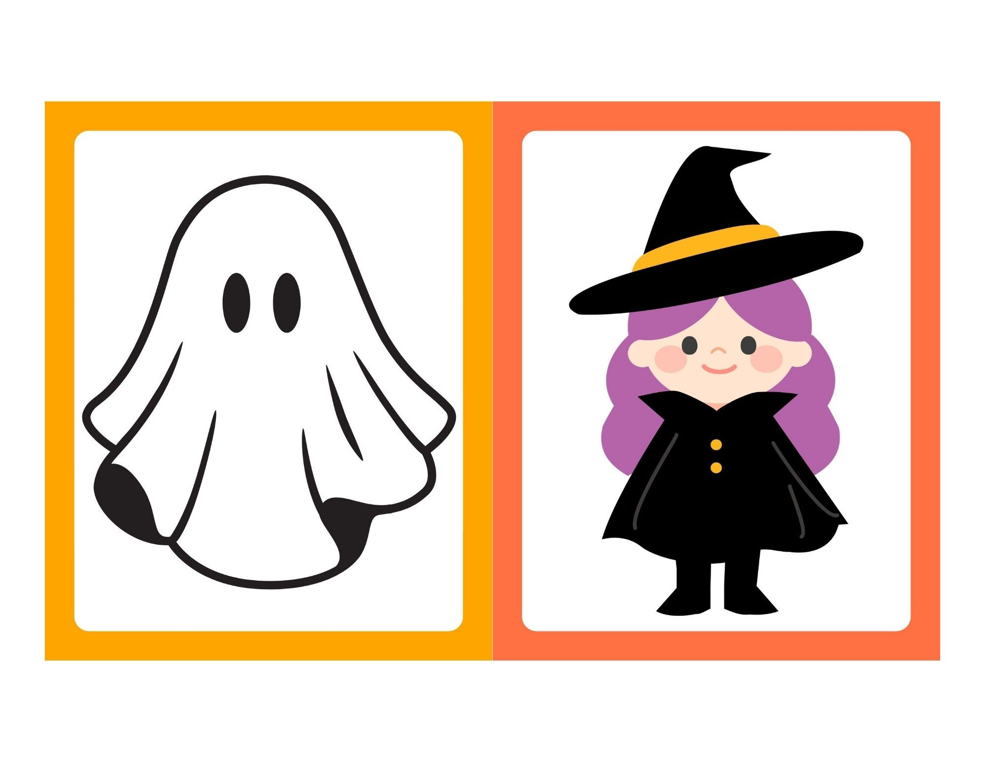 Two vertically split cards: left shows a simple black-and-white ghost drawing, right shows a colorful smiling witch with a black hat and purple hair.