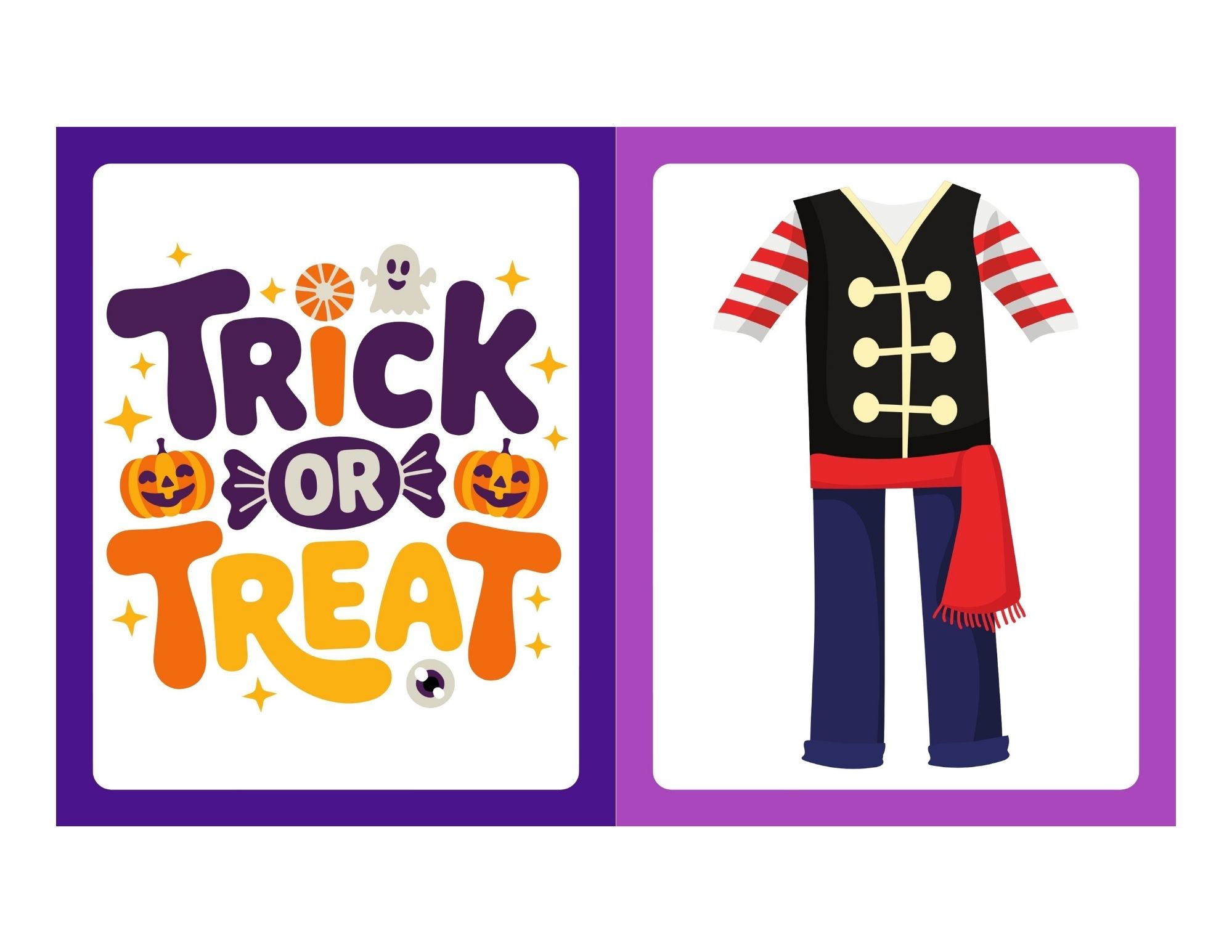 Two vertical panels: left has colorful 'Trick or Treat' lettering and Halloween icons, right shows a pirate costume with striped sleeves and pants.