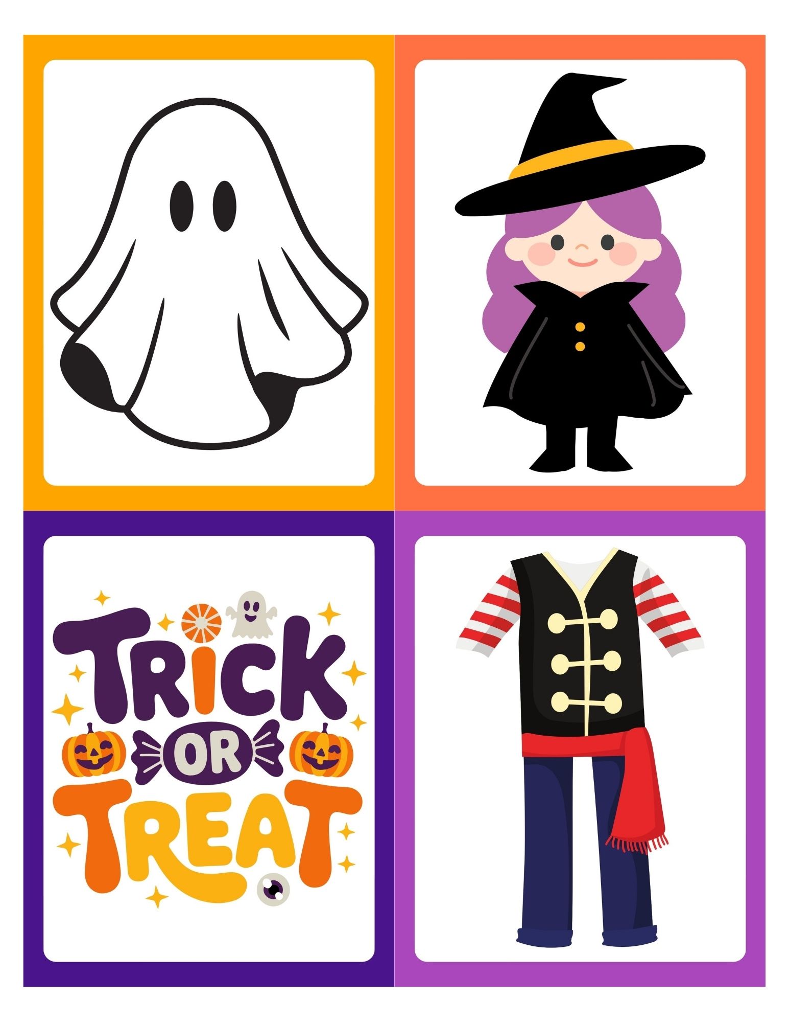 Four colorful Halloween panels showing a ghost, a purple-haired witch, 'Trick or Treat' text, and a pirate costume.