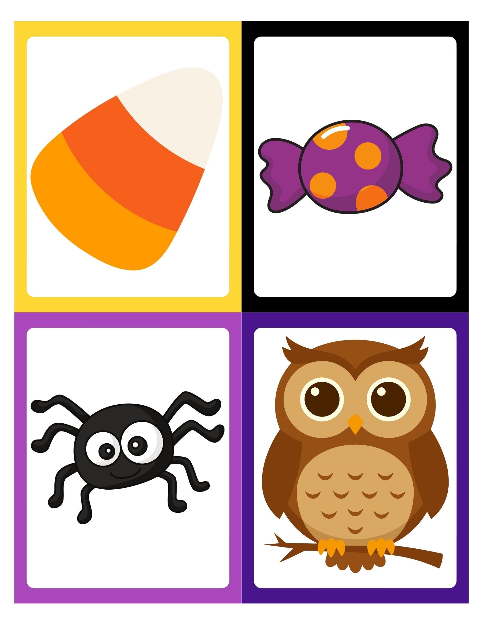 Four rectangular cards in a two-by-two grid showing candy corn, purple wrapped candy, cartoon spider, and a brown owl.