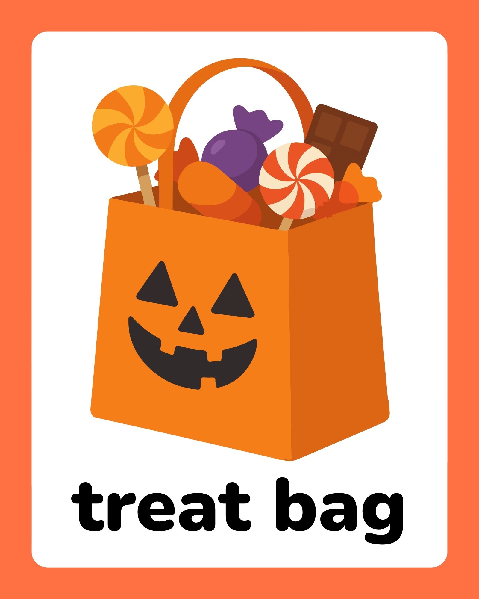 Orange jack-o'-lantern treat bag filled with candies, lollipops, and a chocolate bar on a white card.