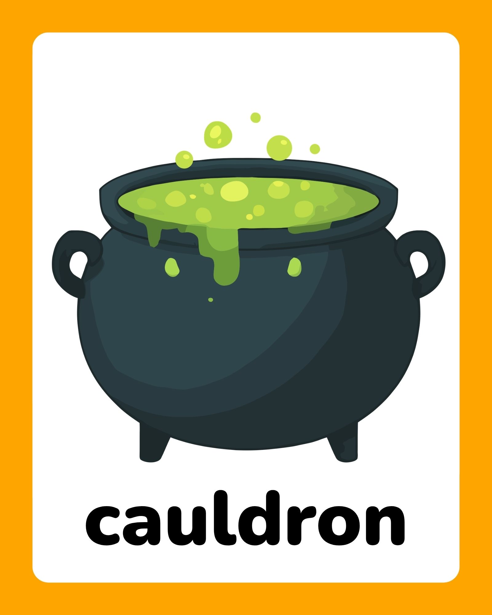 Black cast-iron cauldron with bubbling bright green potion centered on a white card with orange border.