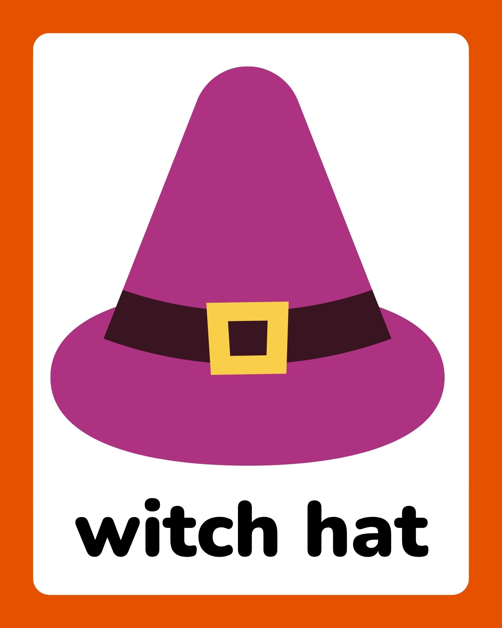 Bright purple witch hat with a dark band and yellow buckle centered on a white card with orange border, labeled below.