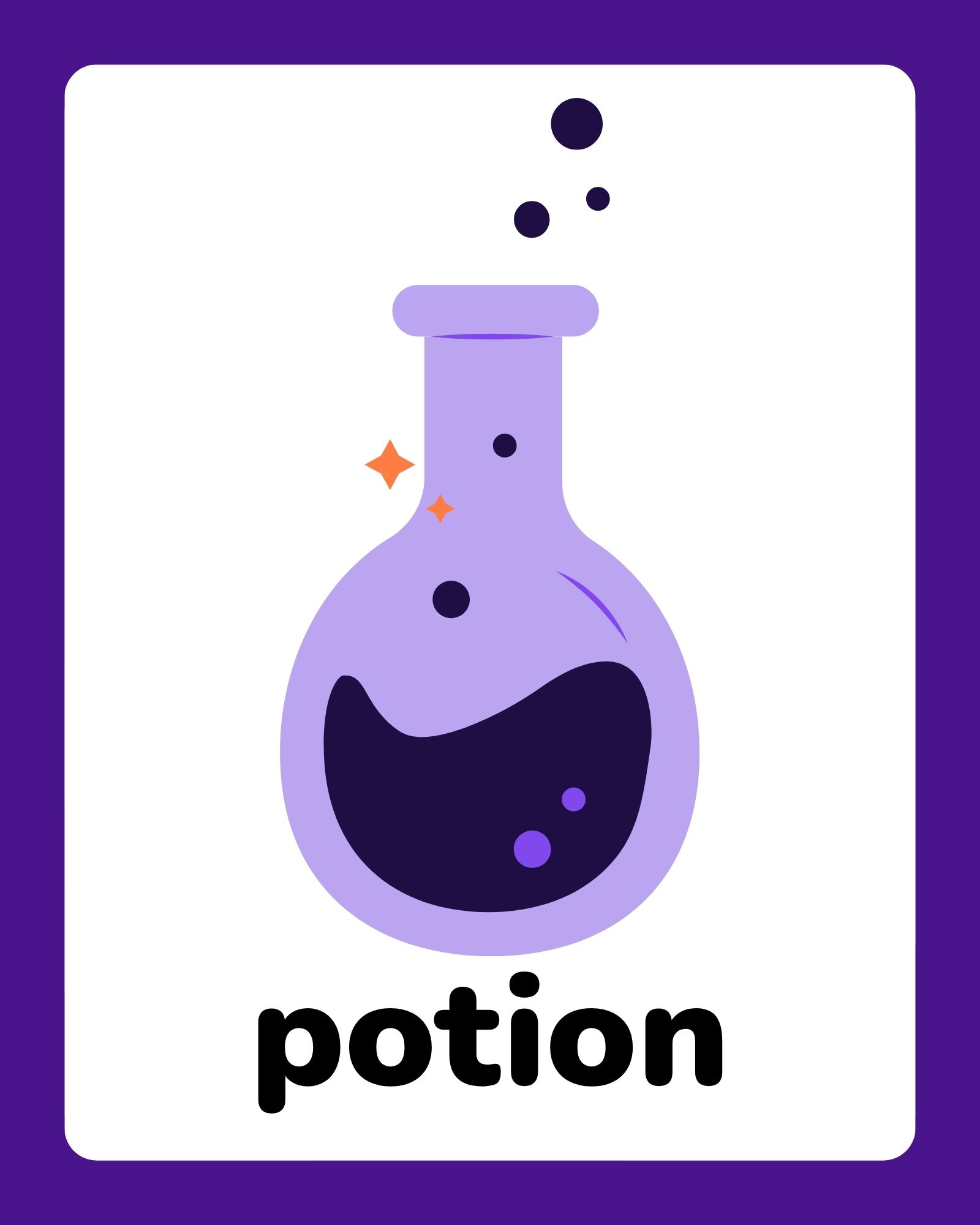 Vertical card with rounded purple border showing a smiling purple potion flask with dark liquid and bubbles above, labeled ‘potion’.