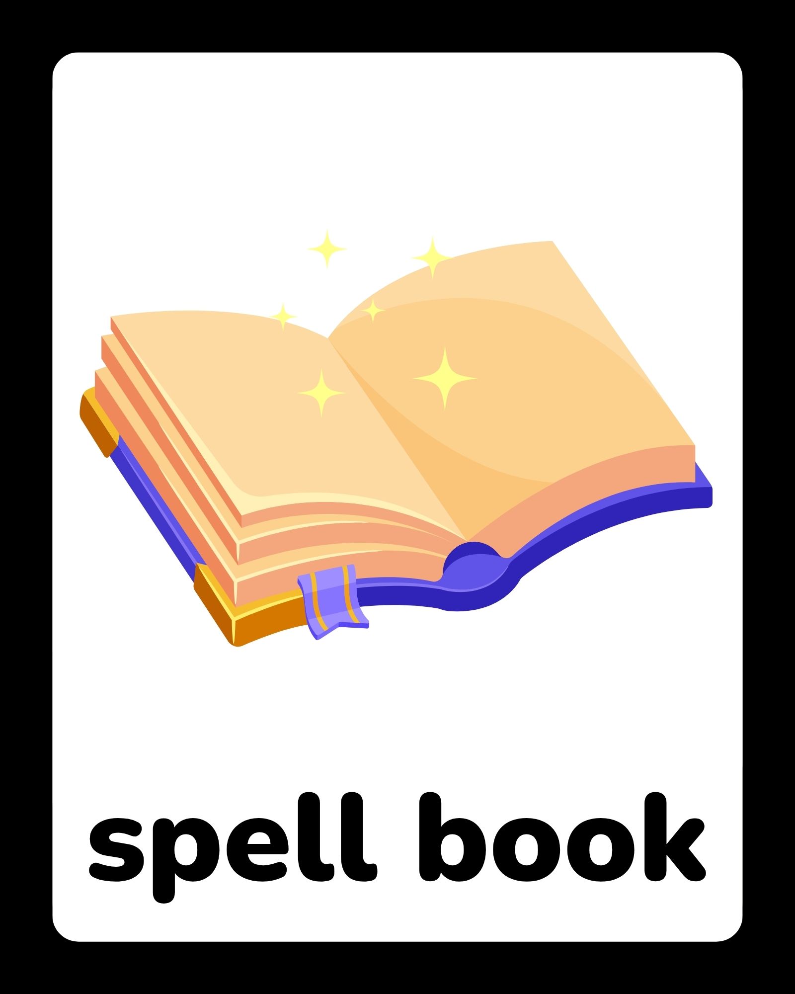 Open spell book with sparkling golden pages resting on a blue and gold cover, centered above bold black lowercase text.