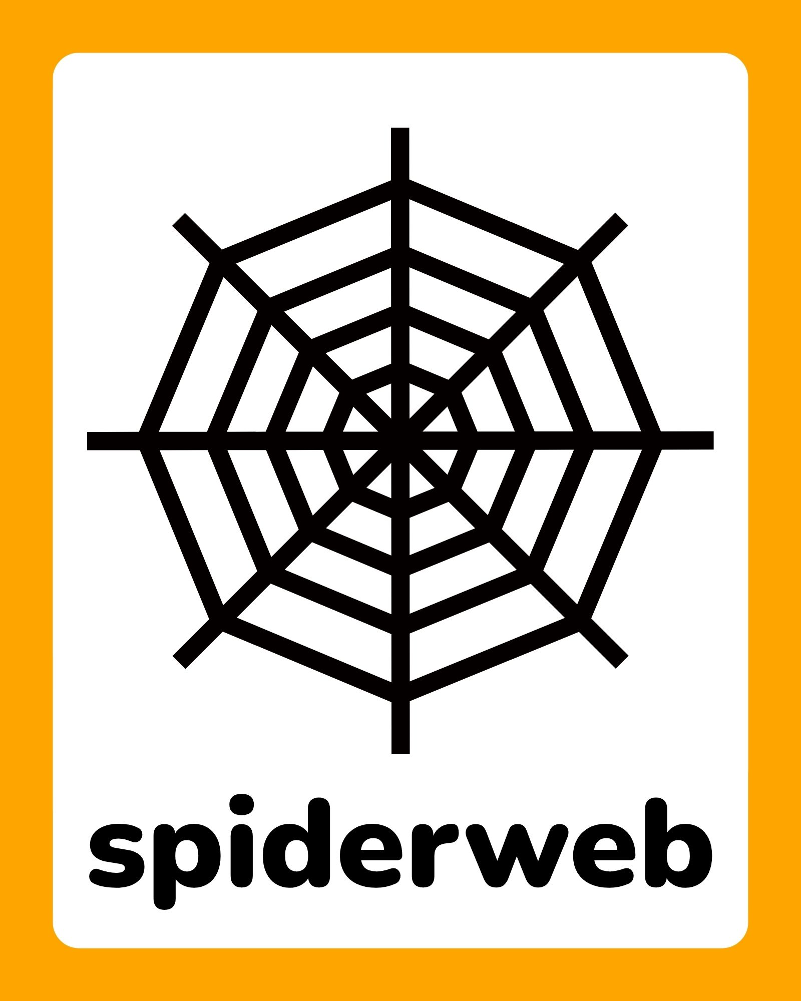 Black geometric spiderweb icon centered above the word “spiderweb” on a white card with rounded corners and an orange border.
