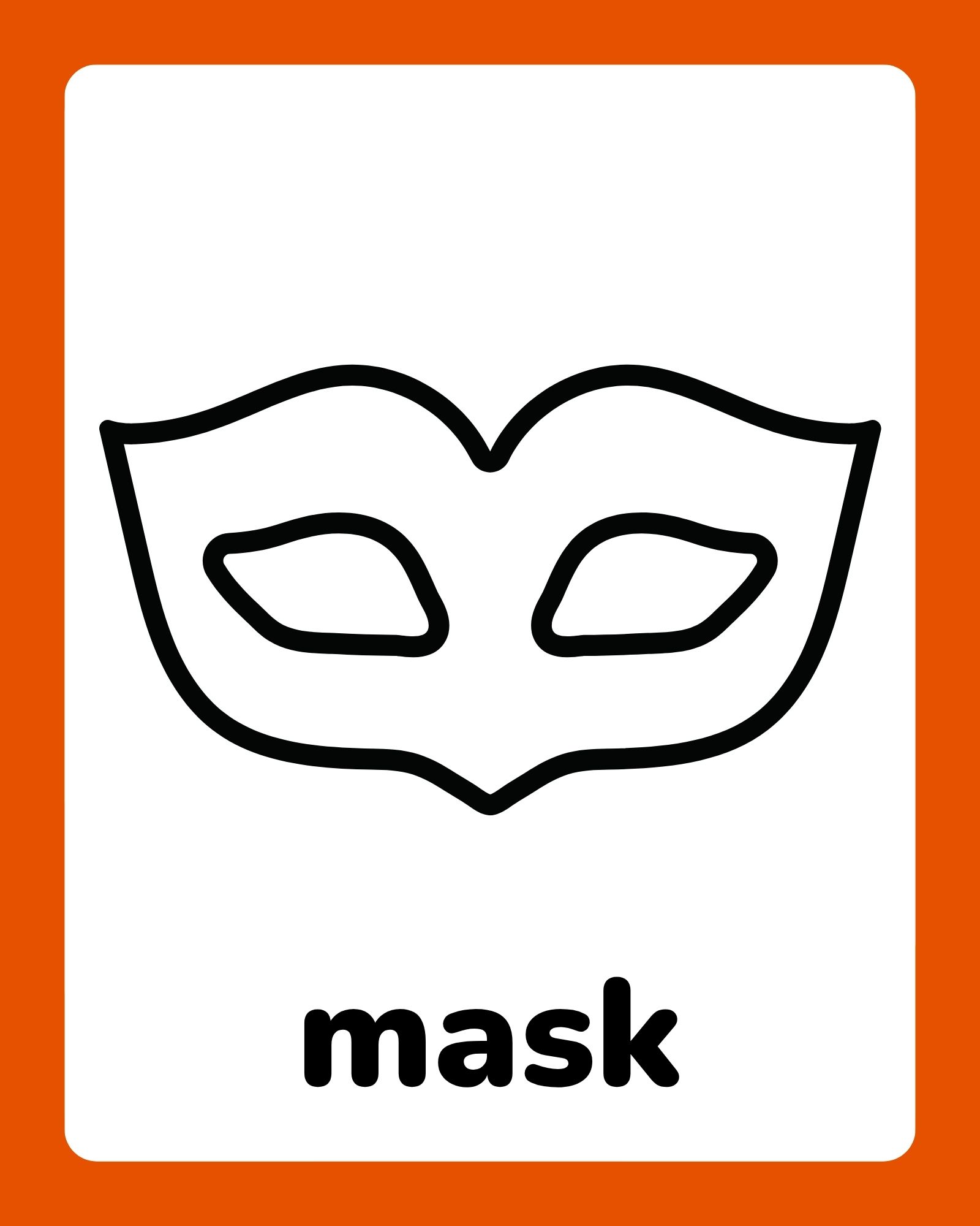 A simple black outline masquerade mask centered on a white card with thick orange borders and the word 'mask' below.