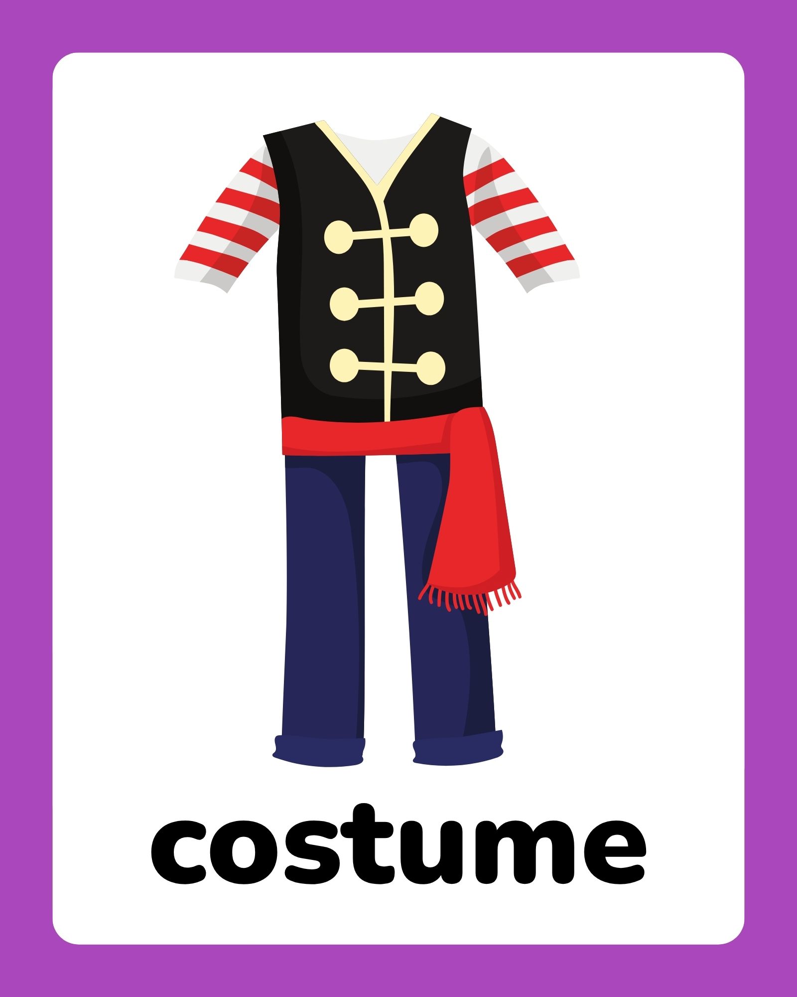 A child's pirate-style costume with a black vest over red-and-white striped sleeves, blue pants and a red sash on a white card with purple border.