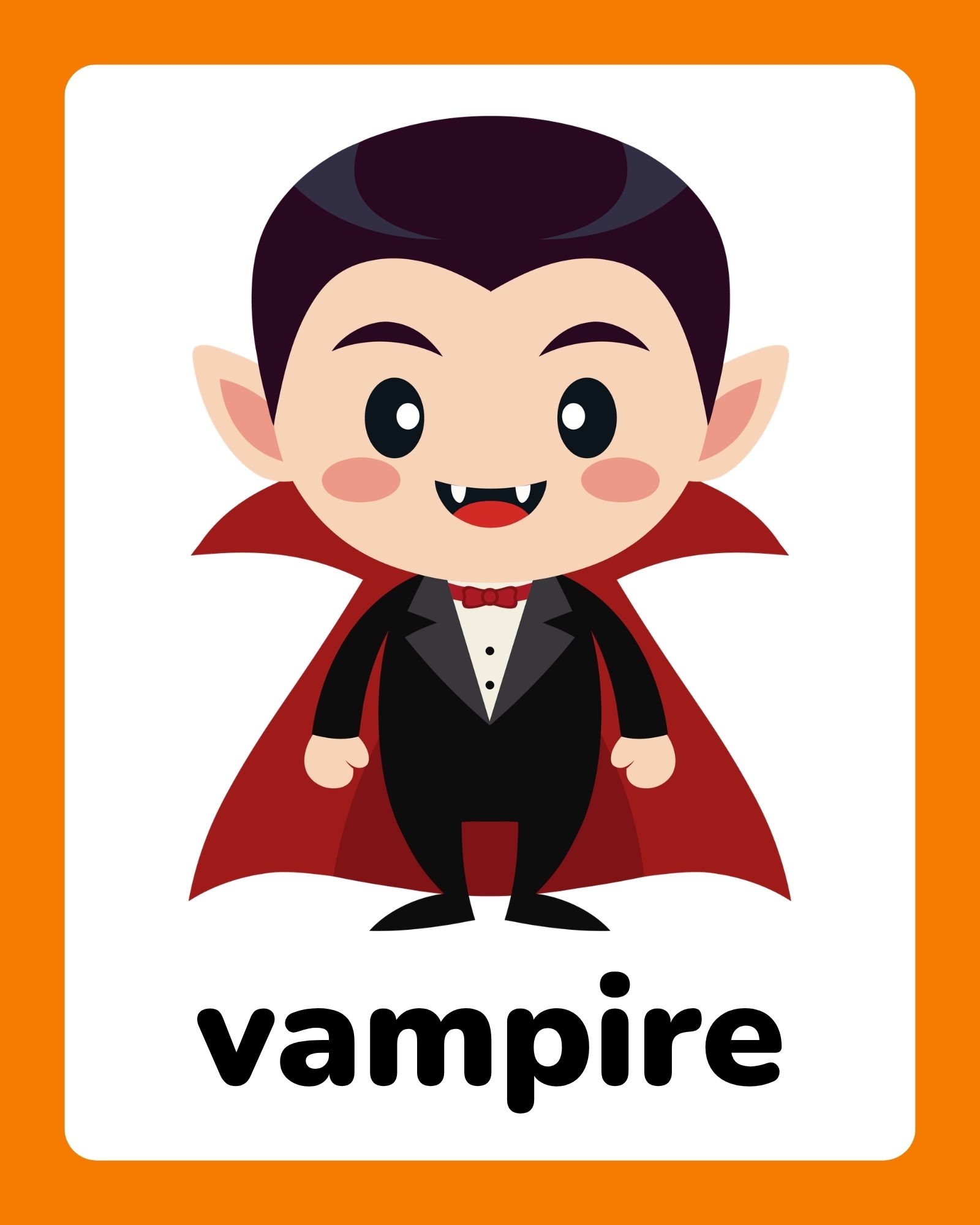 Cute cartoon vampire child with fangs, red cape, black tuxedo and bow tie centered on white card with orange border.