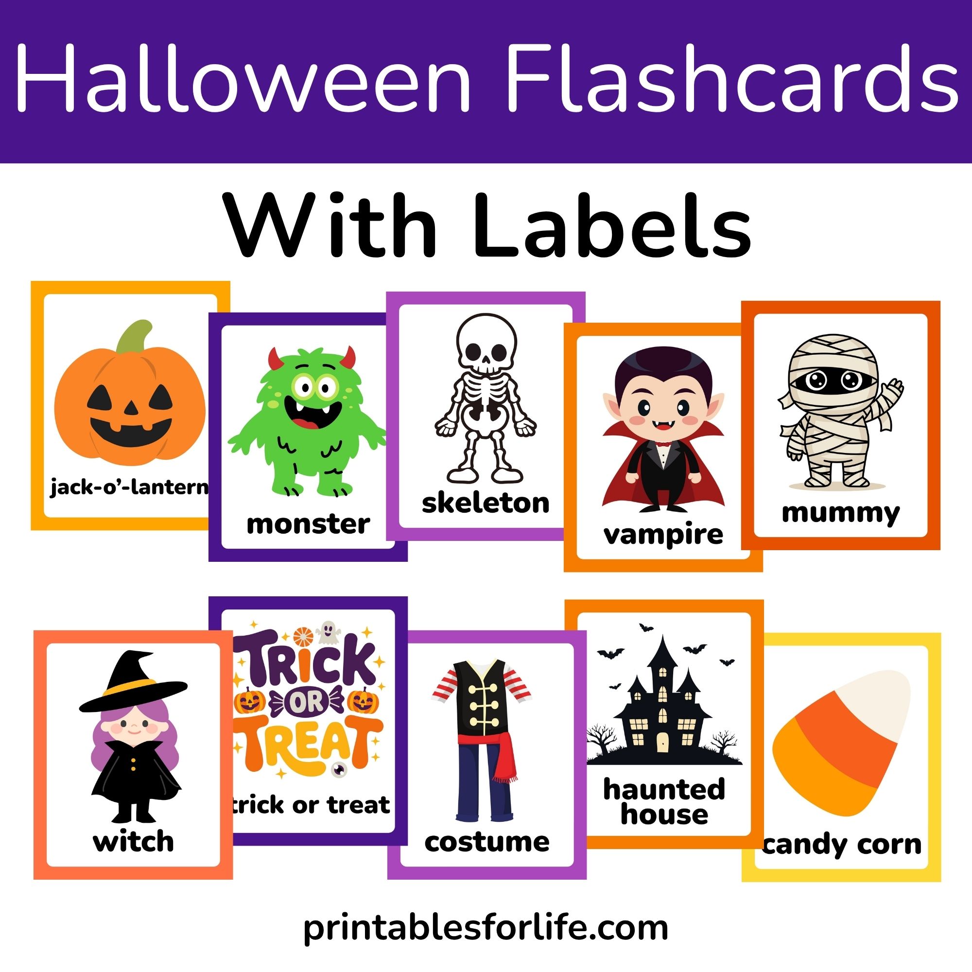 Colorful Halloween-themed flashcards arranged in rows showing icons and labels like pumpkin, monster, skeleton, vampire, mummy.