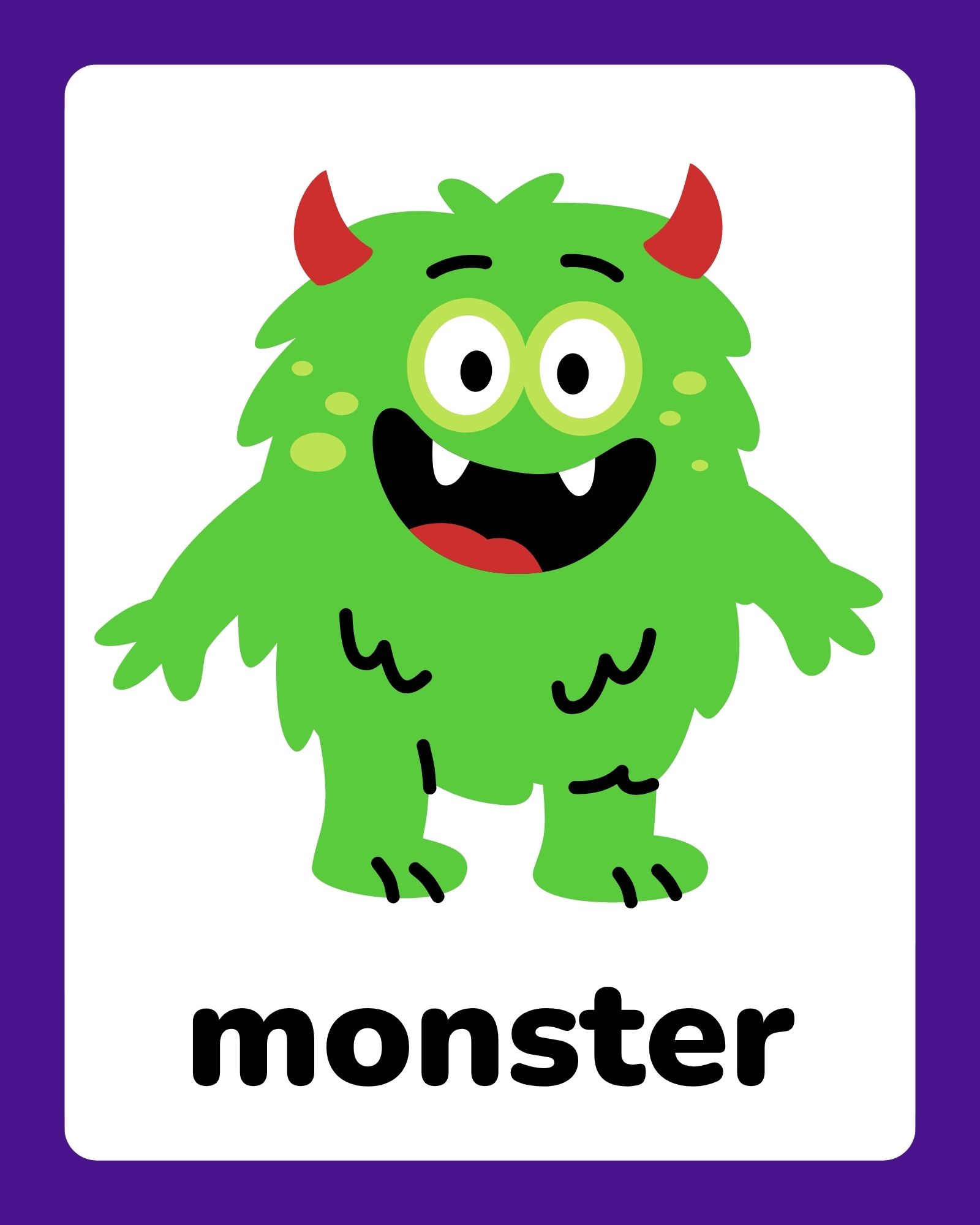 Friendly green fluffy monster with red horns, big round eyes, fangs, and a wide smile centered on a white card.