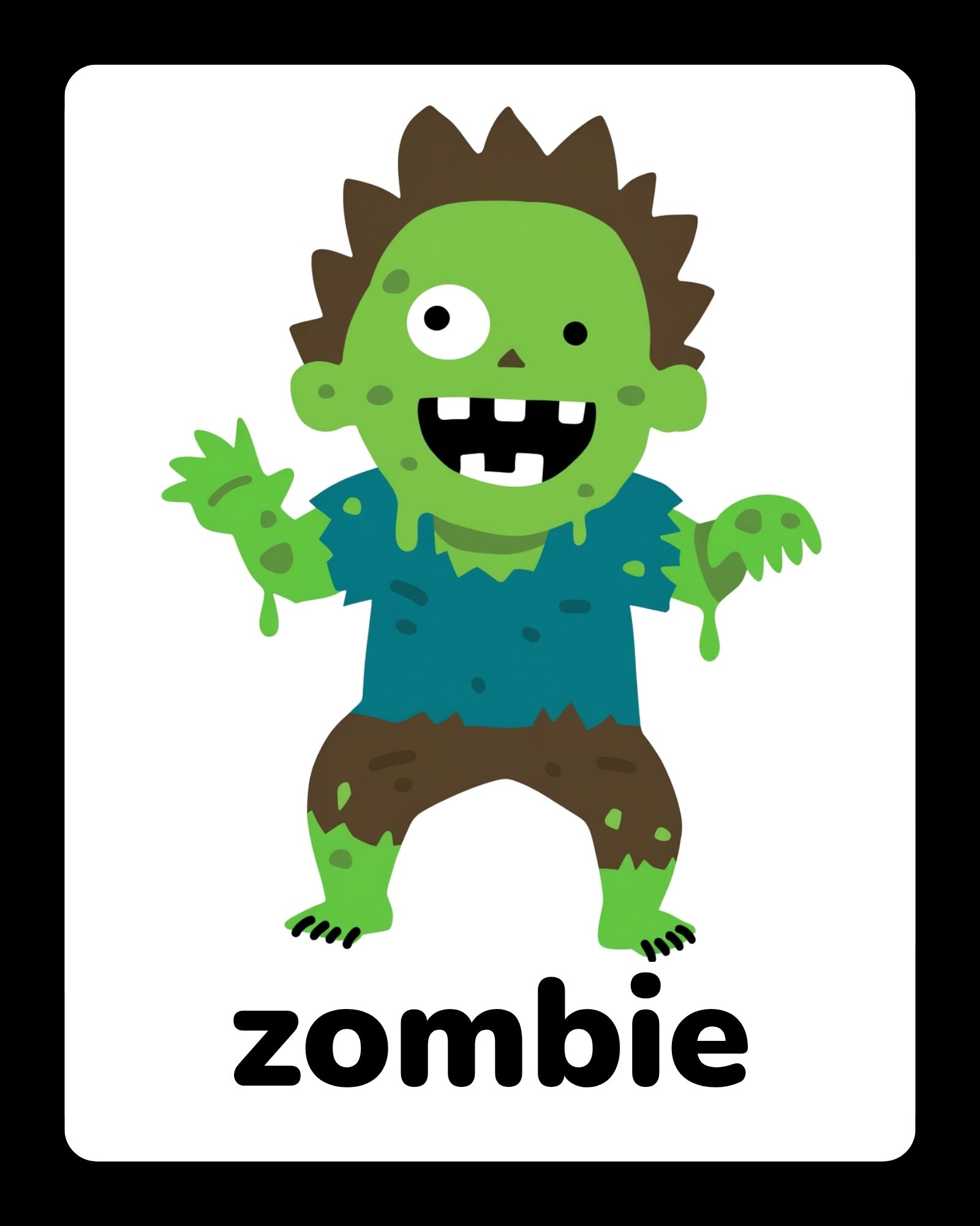 Cartoon green zombie with torn blue shirt and brown pants, missing teeth and dripping slime, centered on white card.
