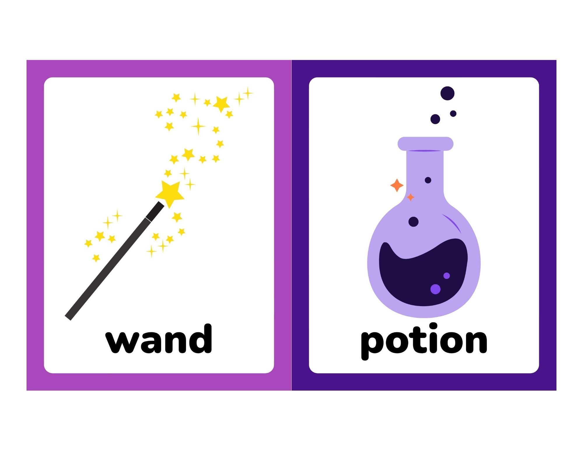 Two vertical flashcards side by side with purple borders: left shows a magic wand with yellow stars and the word “wand”; right shows a purple potion flask and the word “potion.”