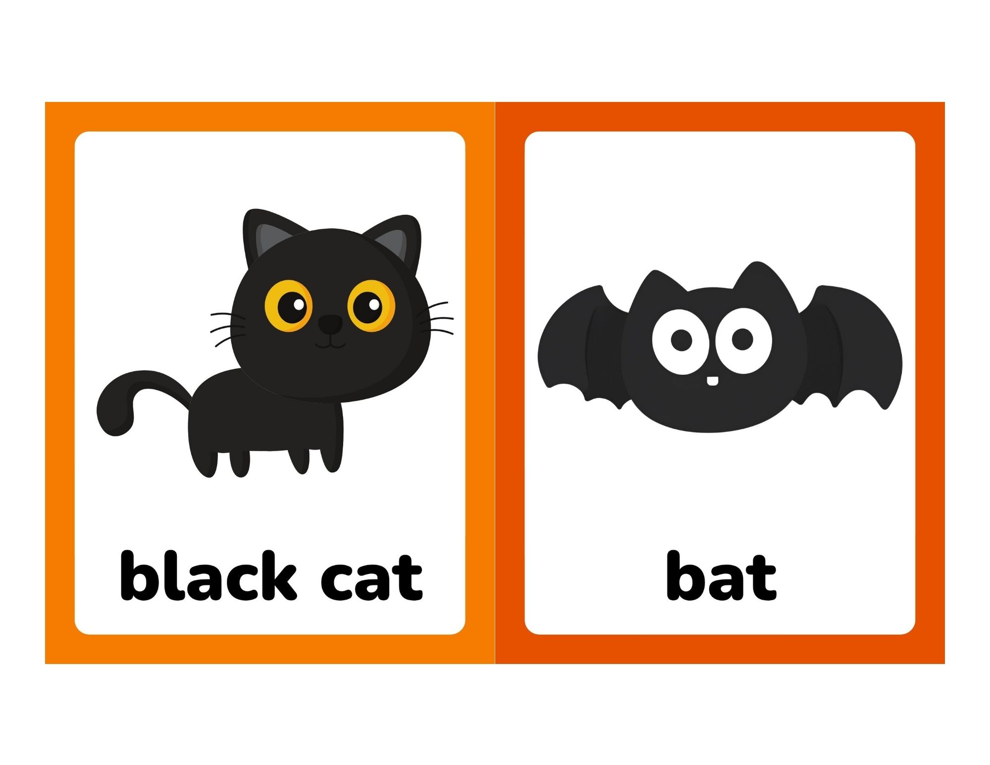 Two orange-framed flashcards showing a cartoon black cat with yellow eyes on the left and a cartoon black bat on the right.