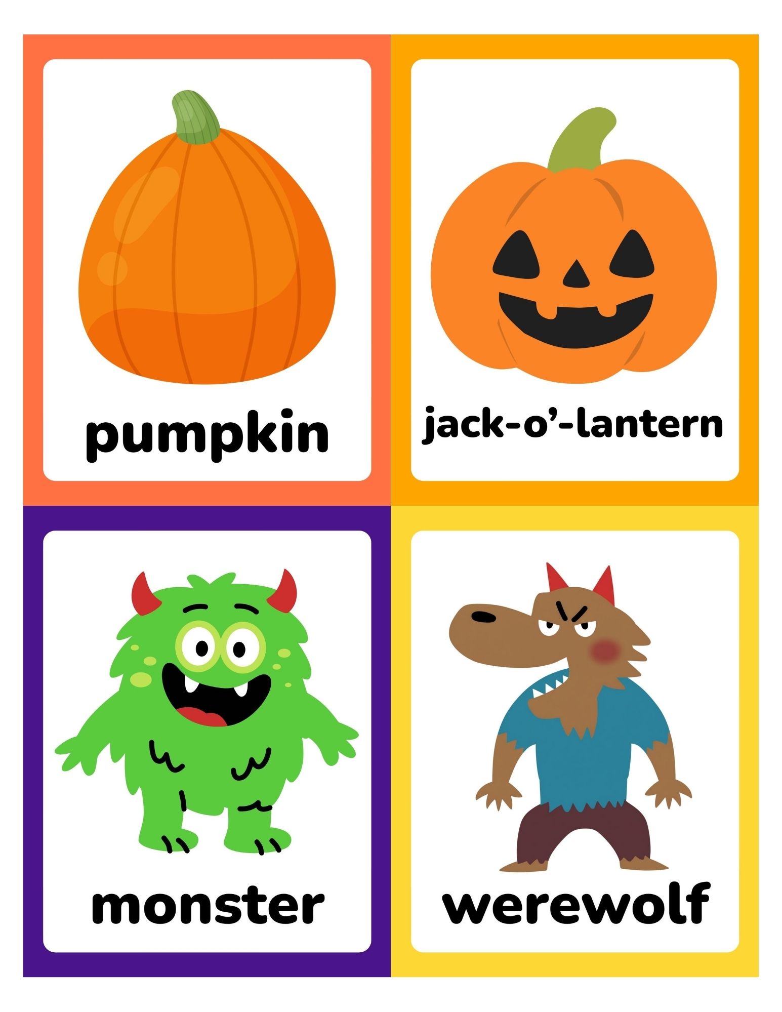 Four colorful flashcards showing an orange pumpkin, a jack-o'-lantern, a green monster, and a brown werewolf arranged in a 2x2 grid.