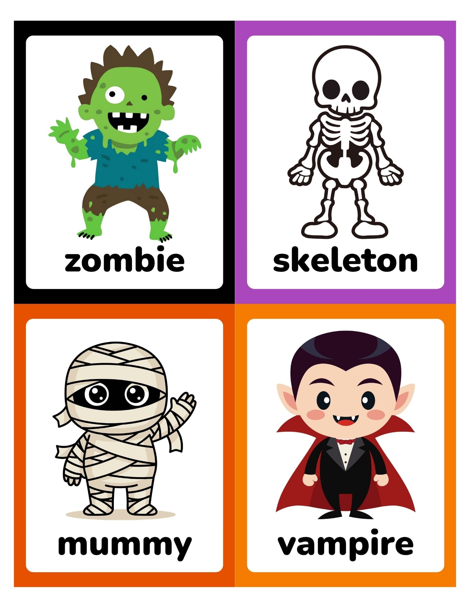 Four colorful Halloween character flashcards arranged in a two-by-two grid: zombie, skeleton, mummy, and vampire.