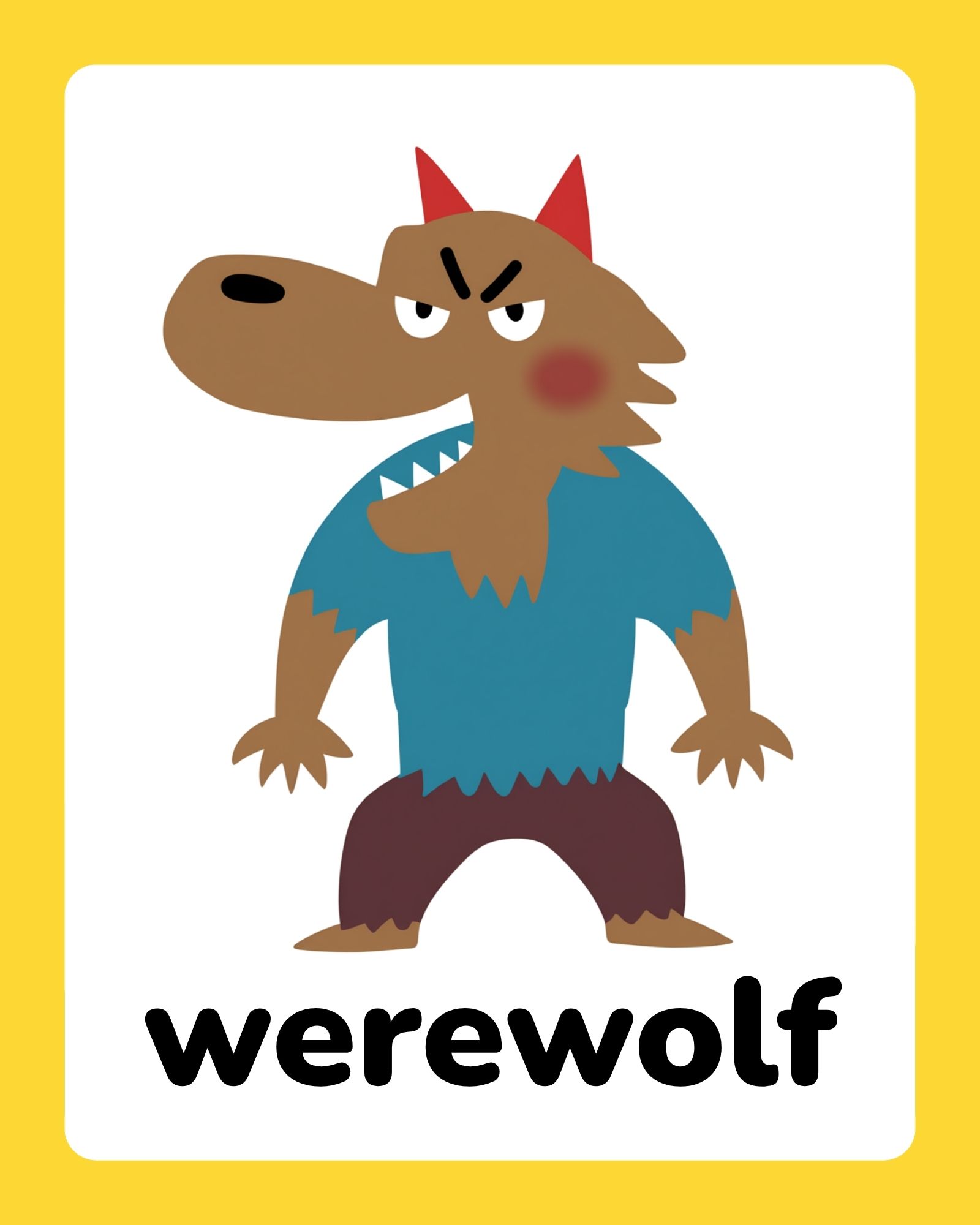 Cartoon brown werewolf with red ears, blue torn shirt and angry expression centered on a white card with yellow border.