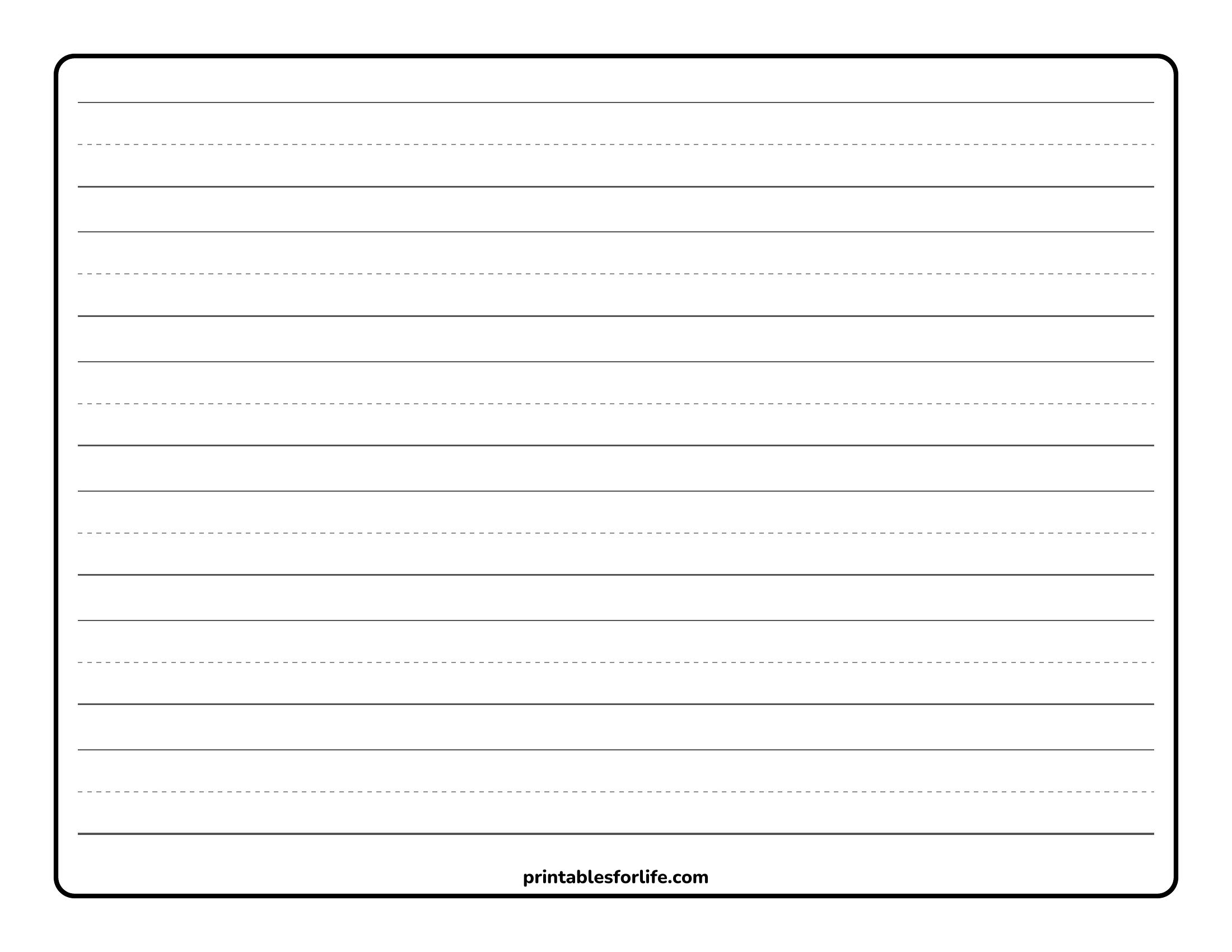 Wide lined writing practice worksheet with solid and dashed guideline rows inside a rounded rectangular border, grayscale.