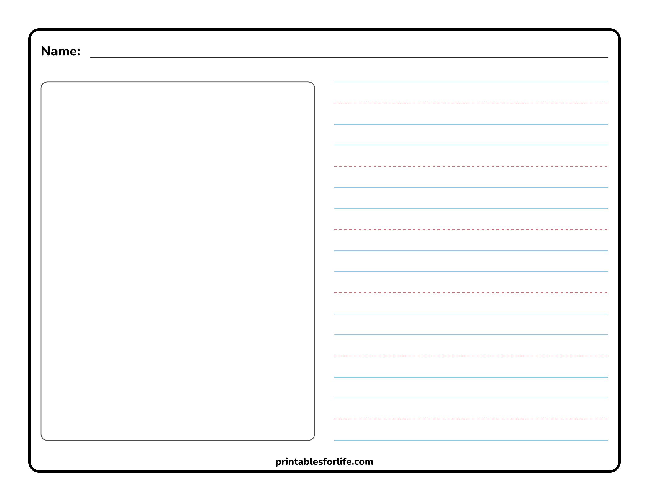 Blank two-column worksheet with left drawing box and right blue lined handwriting practice rows, top name field and rounded border.