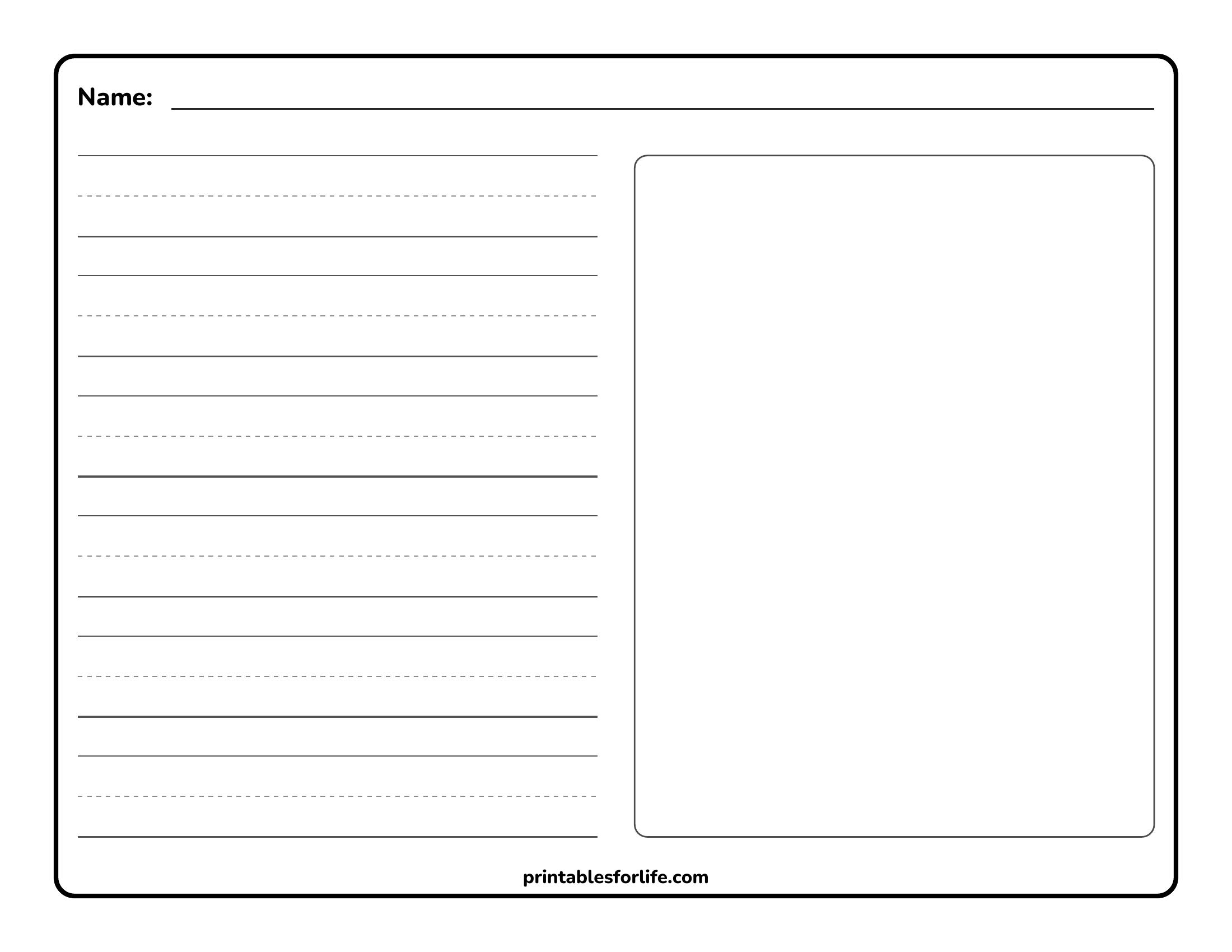 Black-and-white printable worksheet with lined left column for writing, a blank right drawing box, and a name line at top.