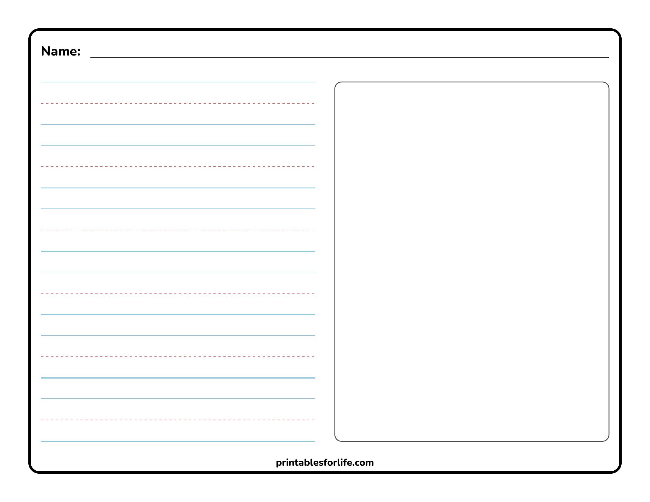 Blank two-column worksheet with left ruled handwriting lines and a right blank drawing box inside rounded border.