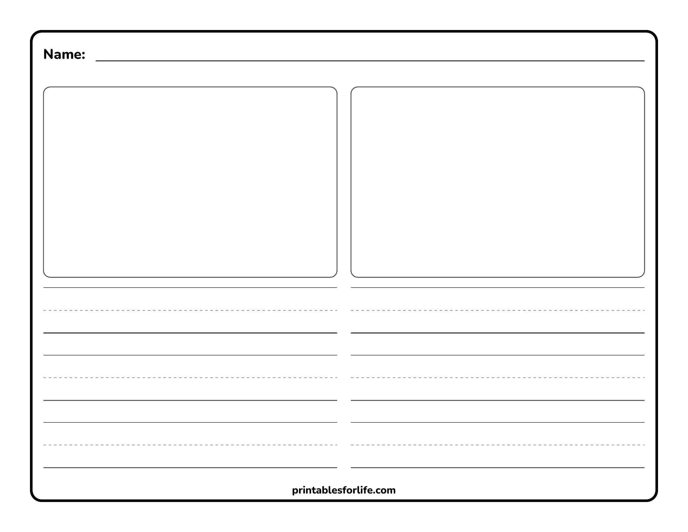 Blank two-column worksheet with name line at top, two large rounded image boxes, and multiple writing lines below.